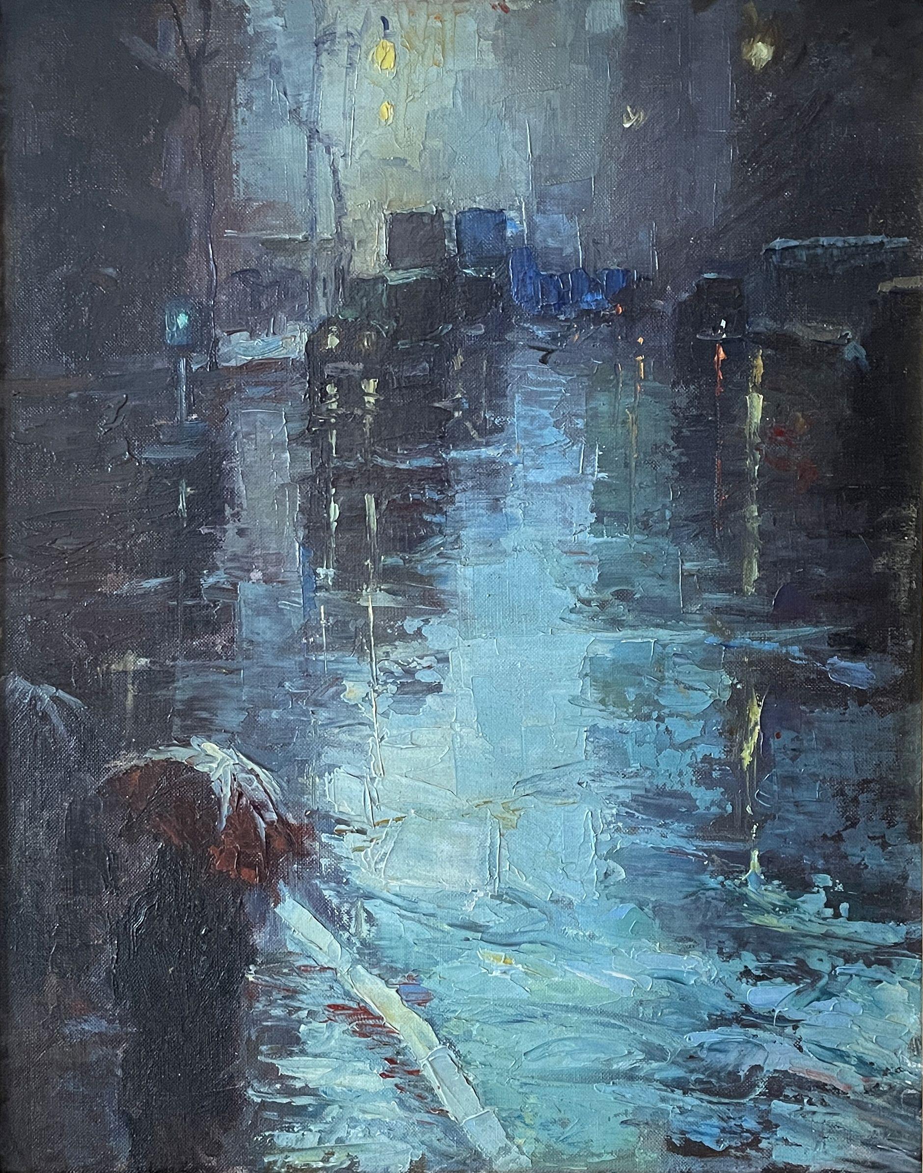 Leon Dolice Landscape Painting - "Rainy Day, New York City" Modernist Urban Cityscape Mid-Century Street Scene