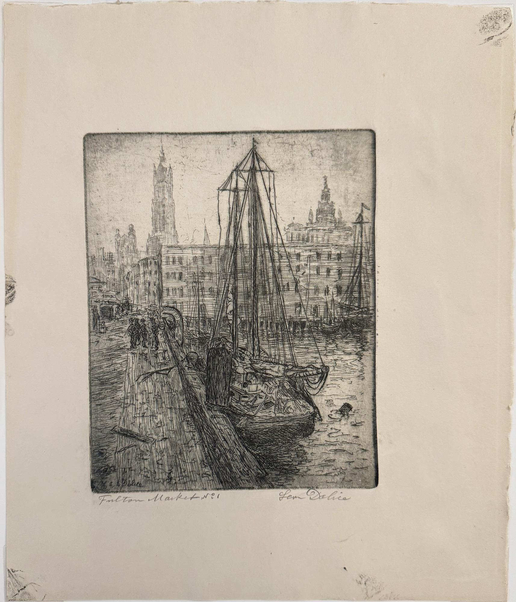 Fulton Market No. 1 - A lower Manhattan landscape as it existed in 1922 - Print by Leon Dolice