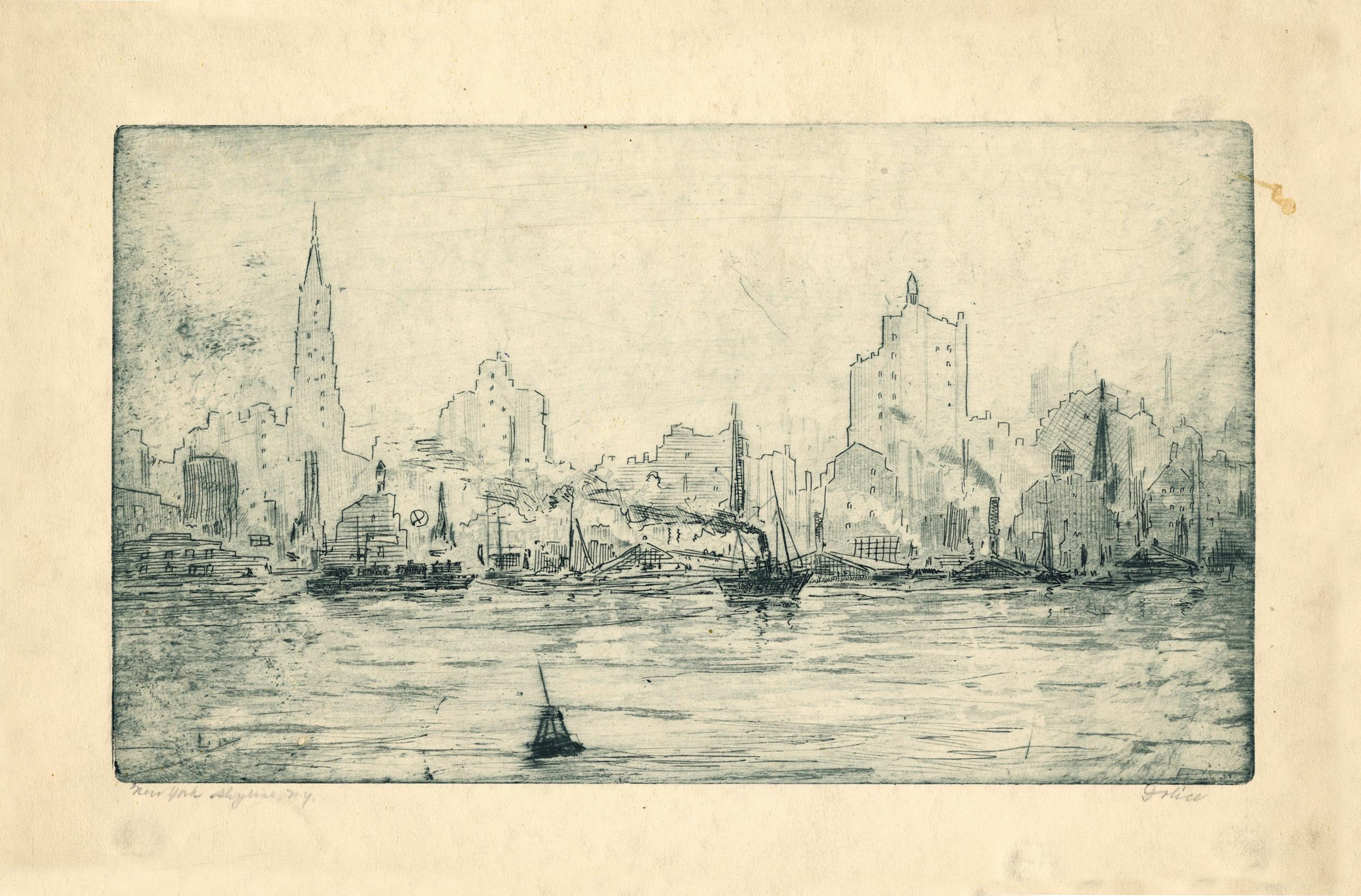 Skyline di New York, NY; East River - Print di Leon Dolice