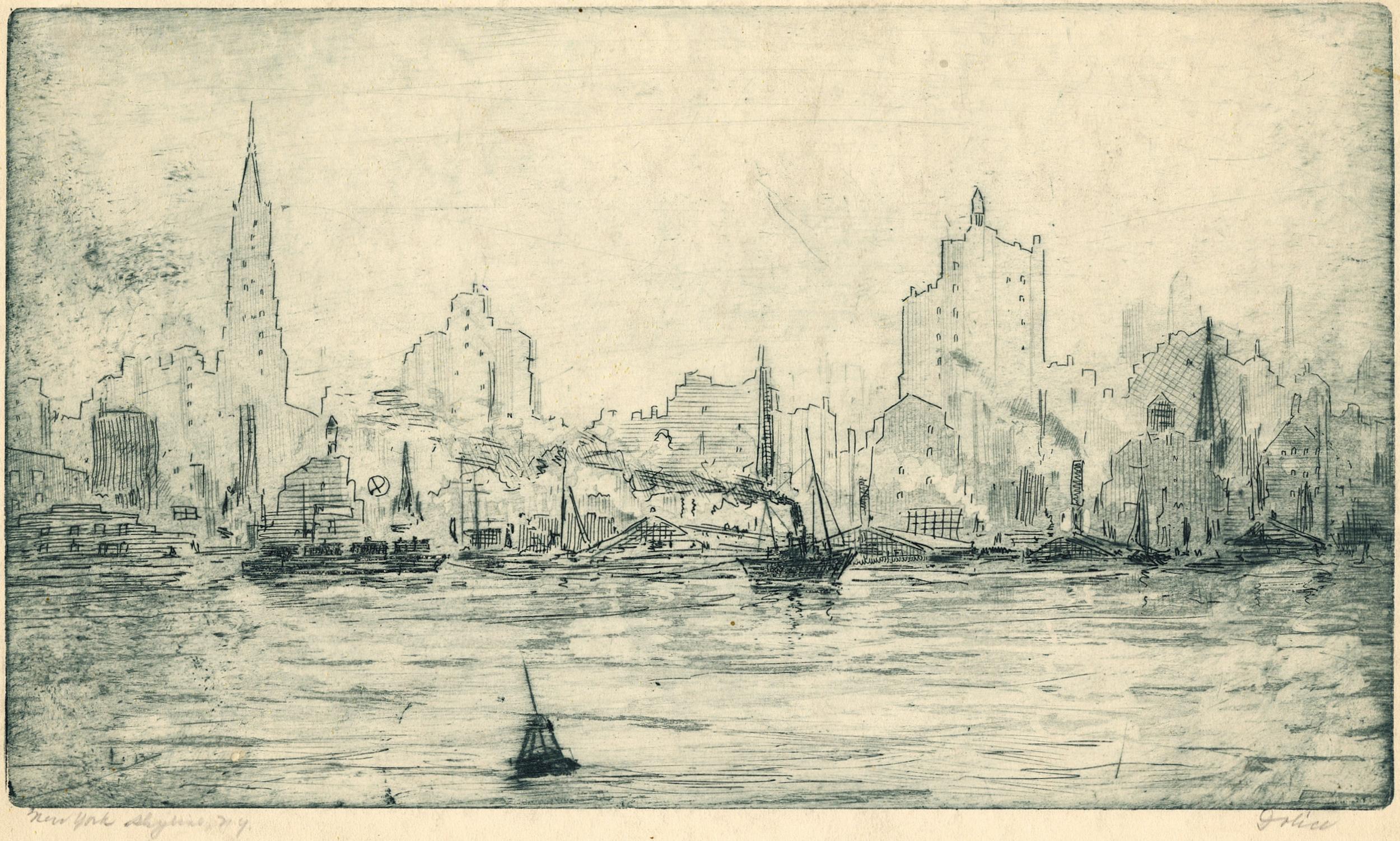 Landscape Print di Leon Dolice - Skyline di New York, NY; East River