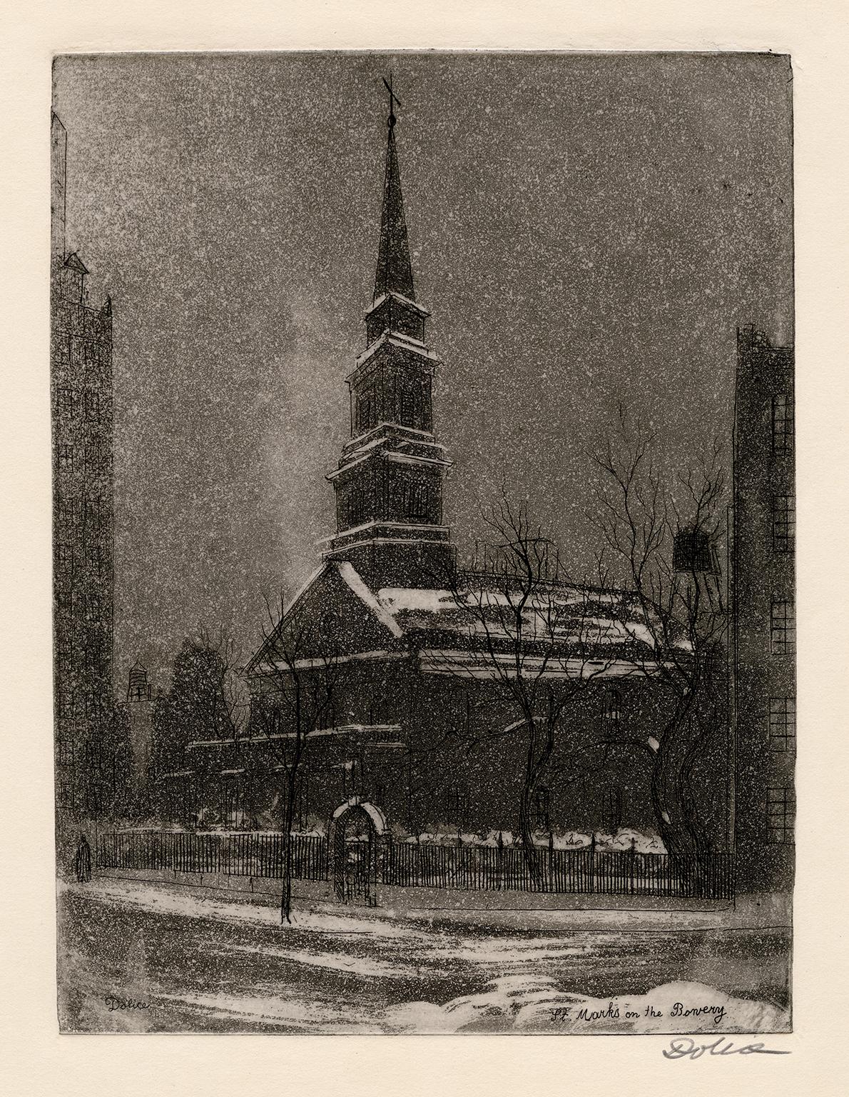 Landscape Print de Leon Dolice - St. Marks on the Bowery" - Famoso monumento de Nueva York