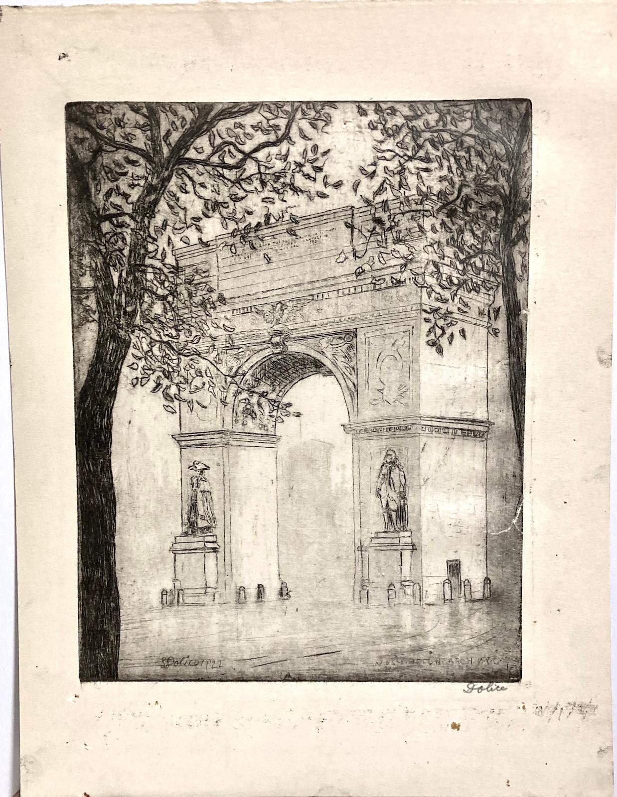 Leon Dolice managed to capture New York City moments and places dear to all New Yorkers. This view of the arch in Washington Square Park is a perfect example. It's shown from Fifth Avenue, with the two statues, at left is Washington