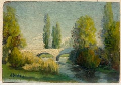Pintura de paisaje al óleo impresionista francesa de 1920 Puente del río Green exuberante