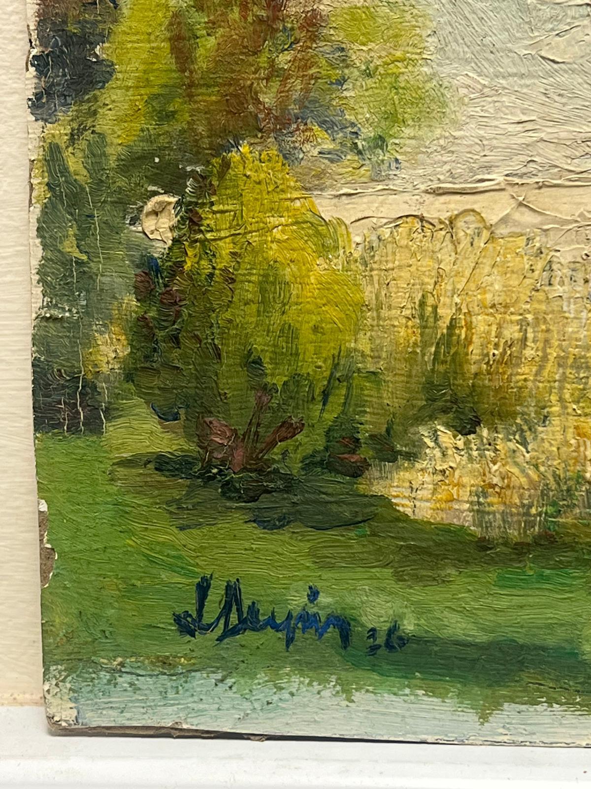 1920, olio impressionista francese Greene & Greene Bridge, pittura paesaggistica ad olio - Landscape Painting Grigio di Leon Dupin