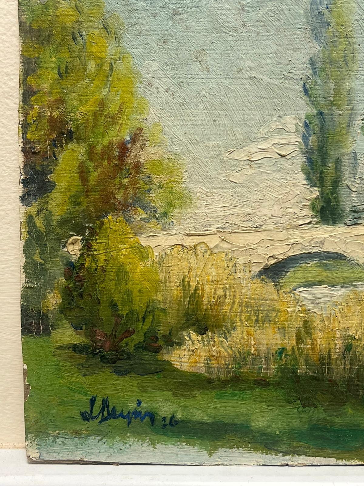 Un sereno ponte sul fiume in primavera
Leon Dupin, firmata e datata 1920
olio su tavola firmato, senza cornice
Pannello: 8,5 x 10,5 pollici
Provenienza: collezione privata, Francia
Condit: condizioni buone

Descrizione:
Questo tranquillo dipinto