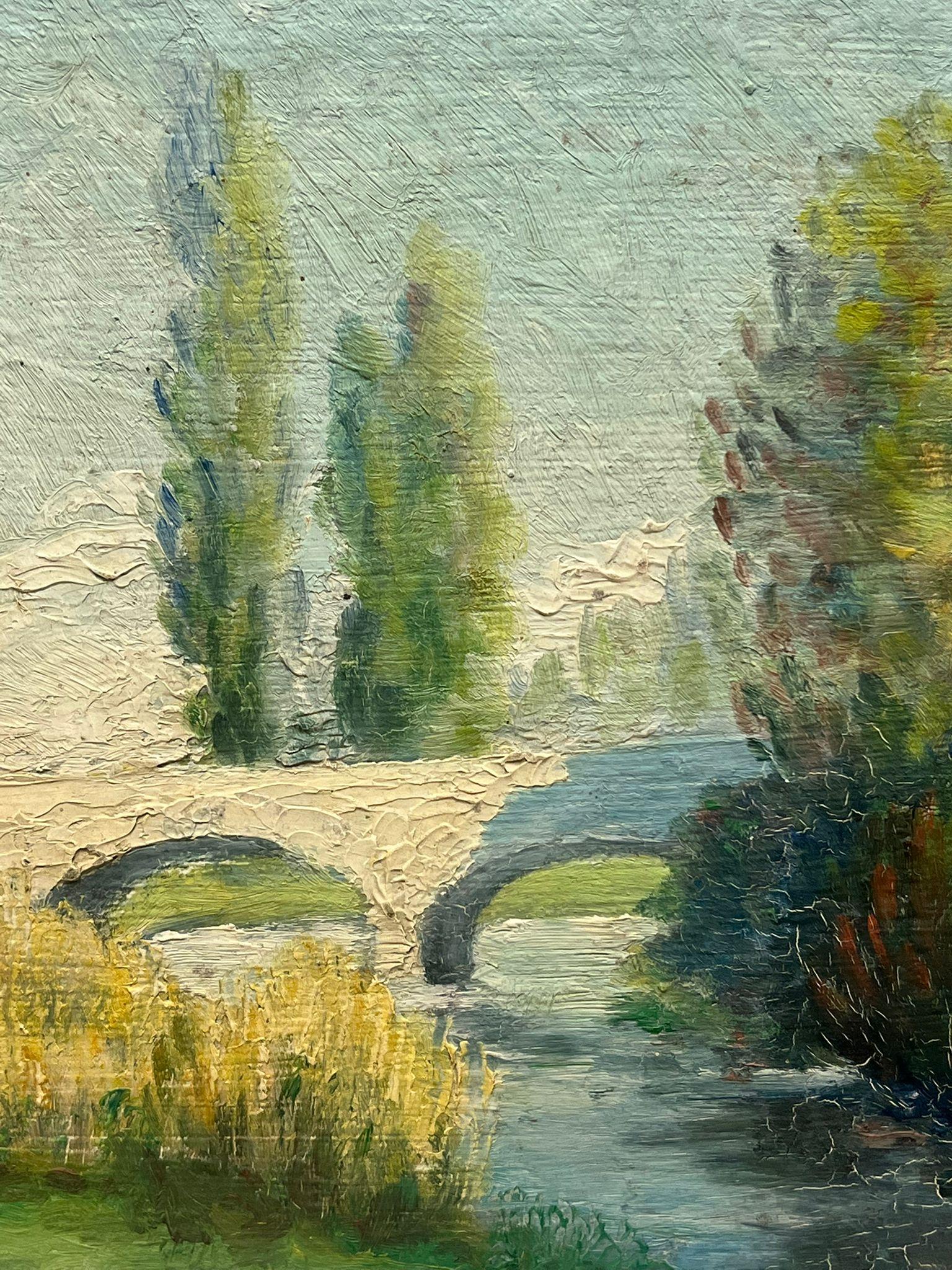 1920, olio impressionista francese Greene & Greene Bridge, pittura paesaggistica ad olio in vendita 2
