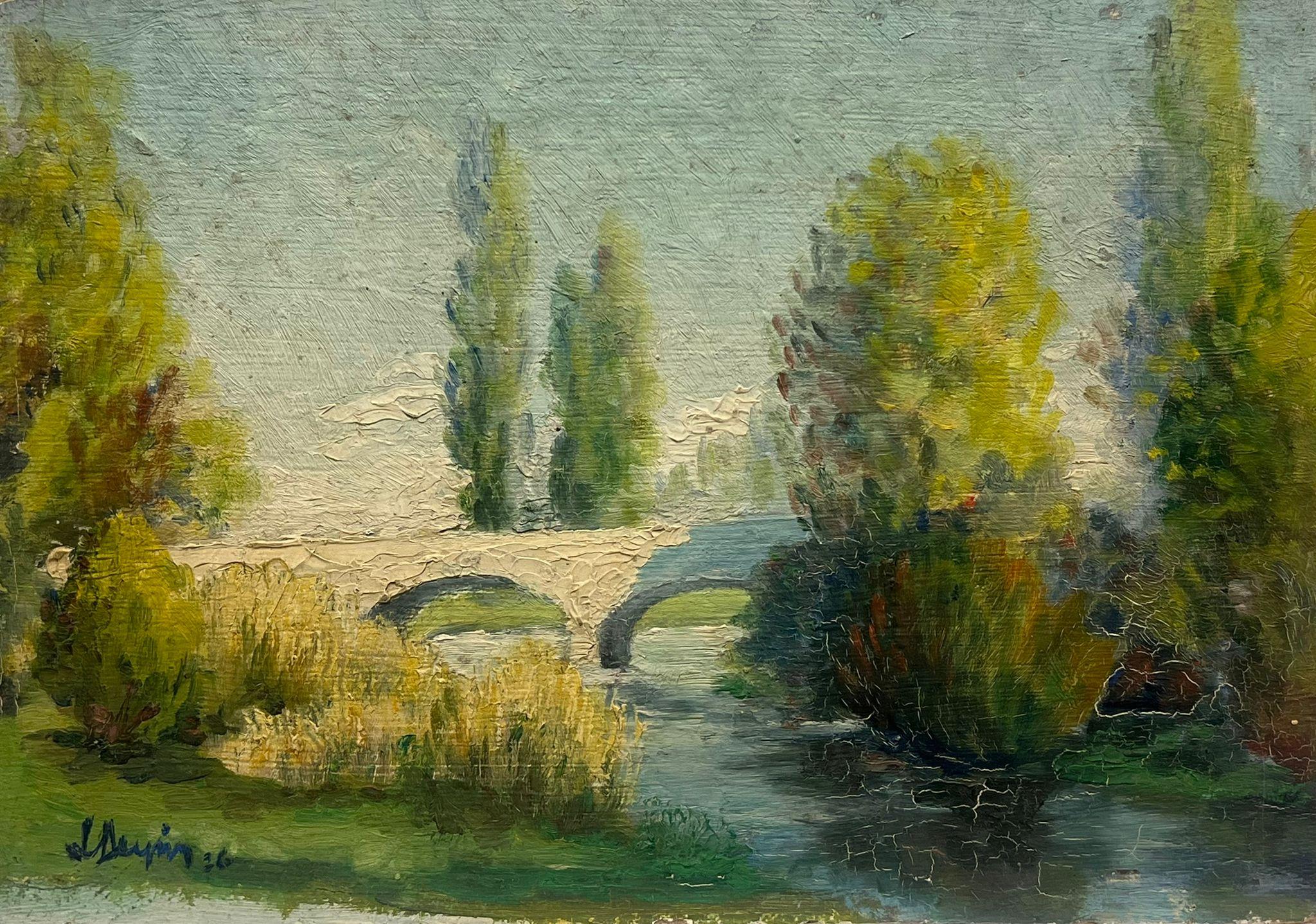 Landscape Painting di Leon Dupin - 1920, olio impressionista francese Greene & Greene Bridge, pittura paesaggistica ad olio