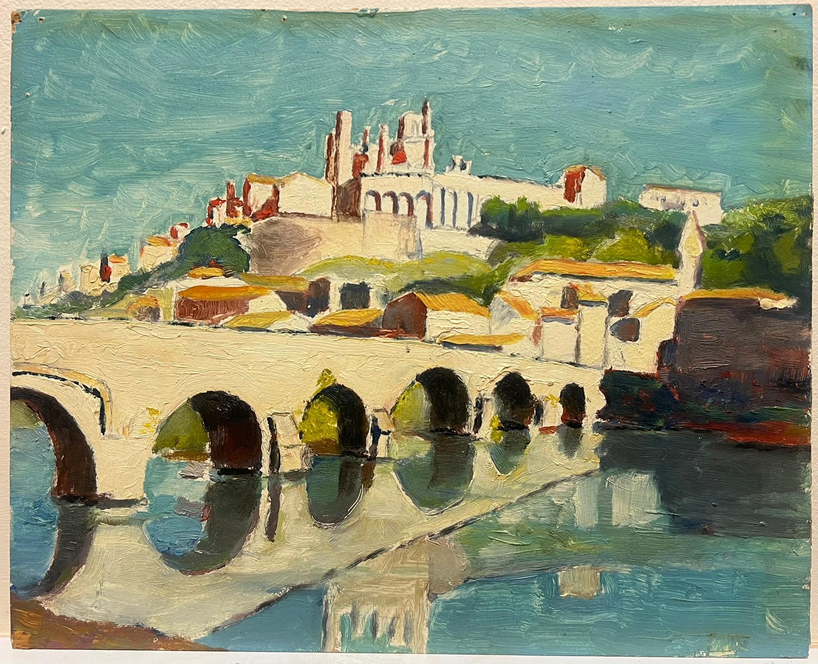 Olio francese d'epoca Riflessi illuminati dal sole Vista sul fiume Ponte storico Paesaggio urbano - Painting di Leon Dupin