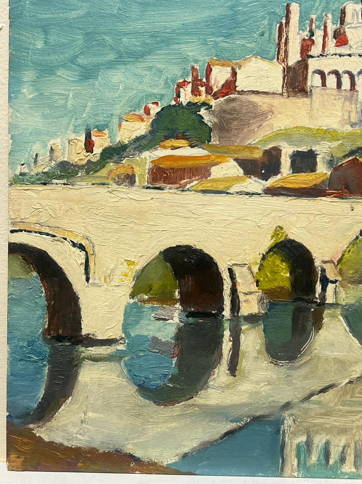 Olio francese d'epoca Riflessi illuminati dal sole Vista sul fiume Ponte storico Paesaggio urbano - Painting Impressionismo di Leon Dupin