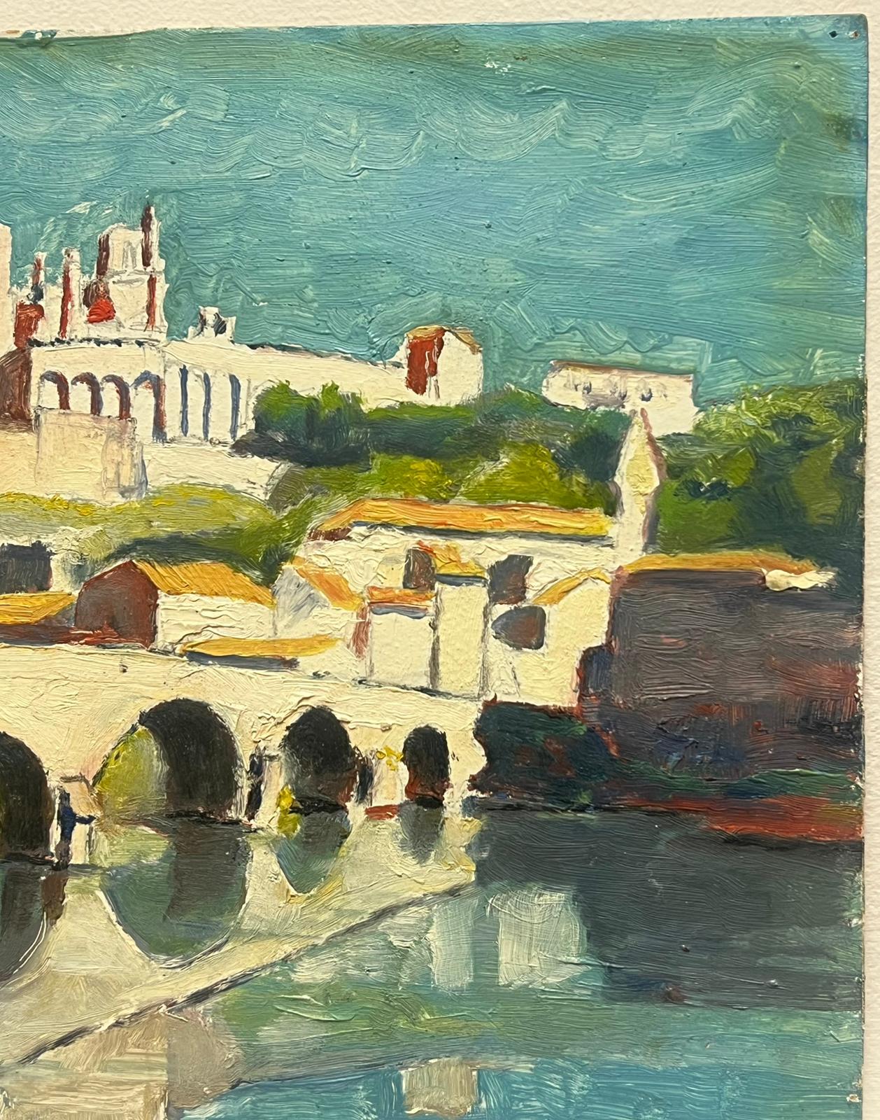 Olio francese d'epoca Riflessi illuminati dal sole Vista sul fiume Ponte storico Paesaggio urbano - Landscape Painting Grigio di Leon Dupin