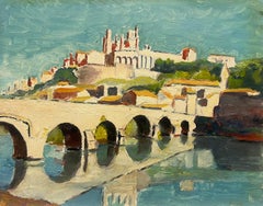 Óleo francés vintage Reflejos iluminados por el sol Vista del río Puente histórico Paisaje urbano