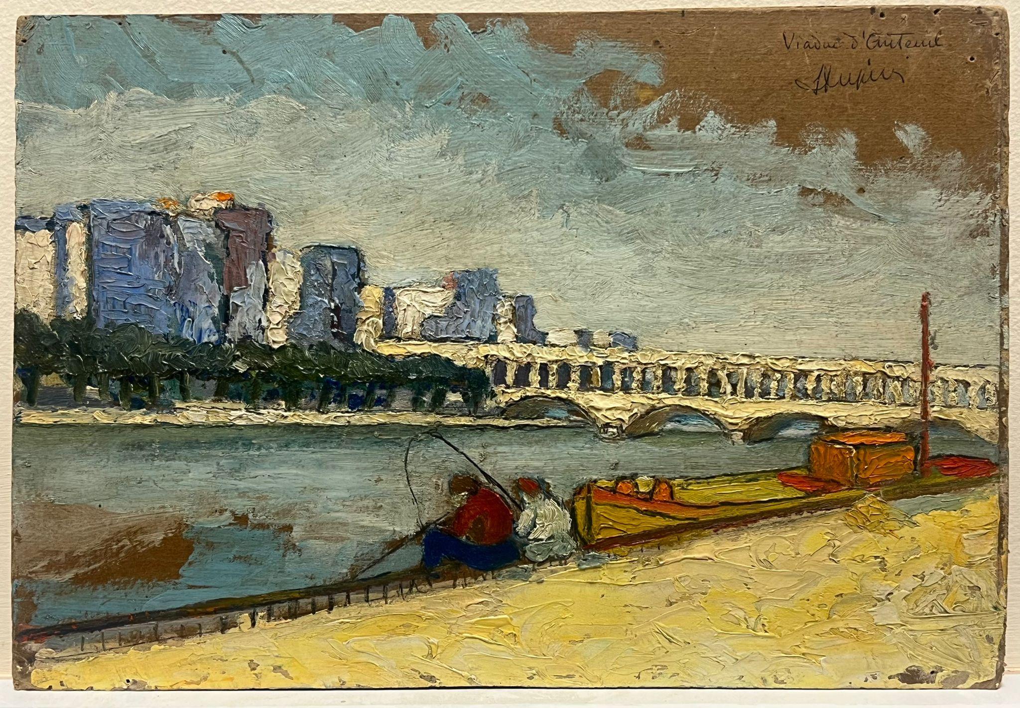 Peinture à l'huile post-impressionniste française Vintage Anglers on River Bank French City - Painting de Leon Dupin