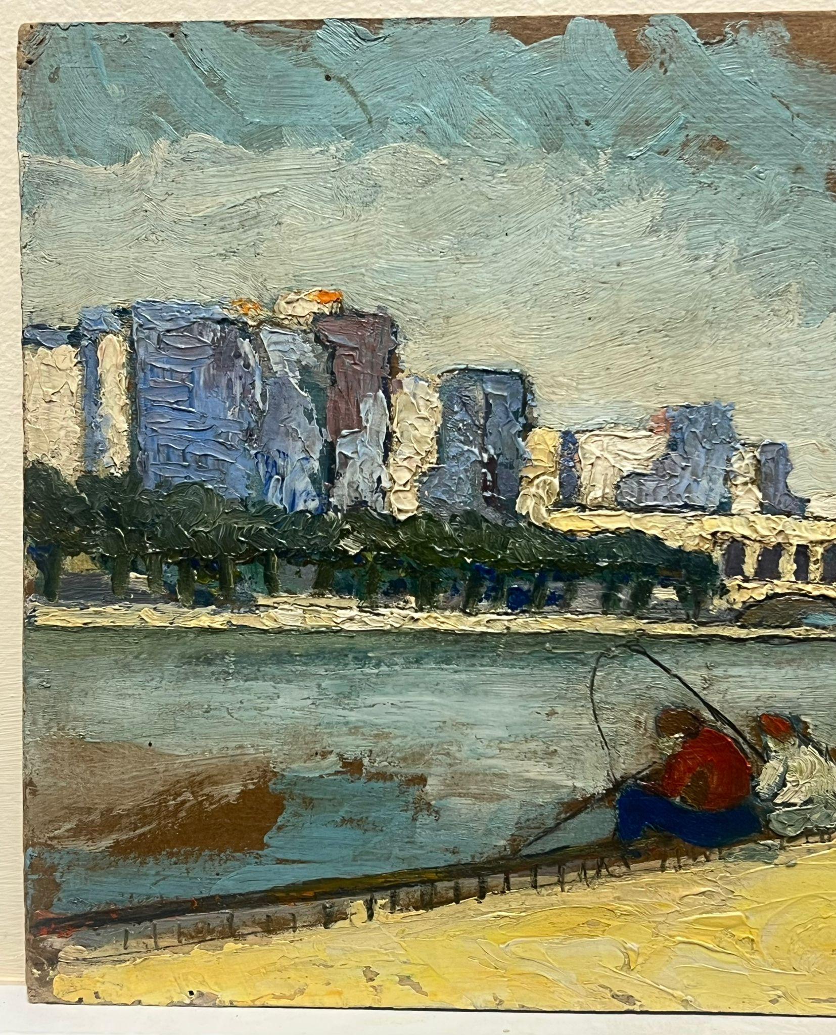 Peinture à l'huile post-impressionniste française Vintage Anglers on River Bank French City - Impressionnisme Painting par Leon Dupin