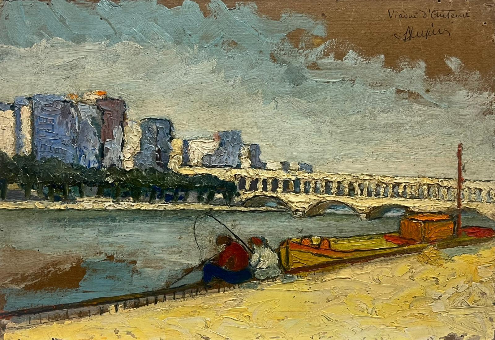 Landscape Painting Leon Dupin - Peinture à l'huile post-impressionniste française Vintage Anglers on River Bank French City