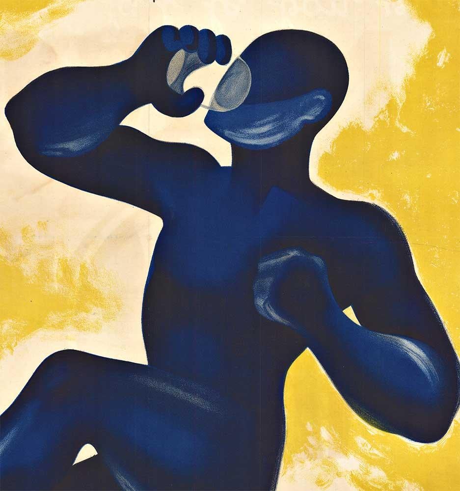 Originalplakat aus dem Jahr 1933:  Graphin.   Die Silhouette des Mannes sitzt auf einer Schatulle mit einer großen Weinflasche, die vor ihm auf dem Boden steht.   Die Übersetzung aus dem Französischen auf der Unterseite lautet:  