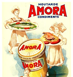 Original Moutarde AMORA Gewürze vintage French antikes Poster mit Leinenrückseite