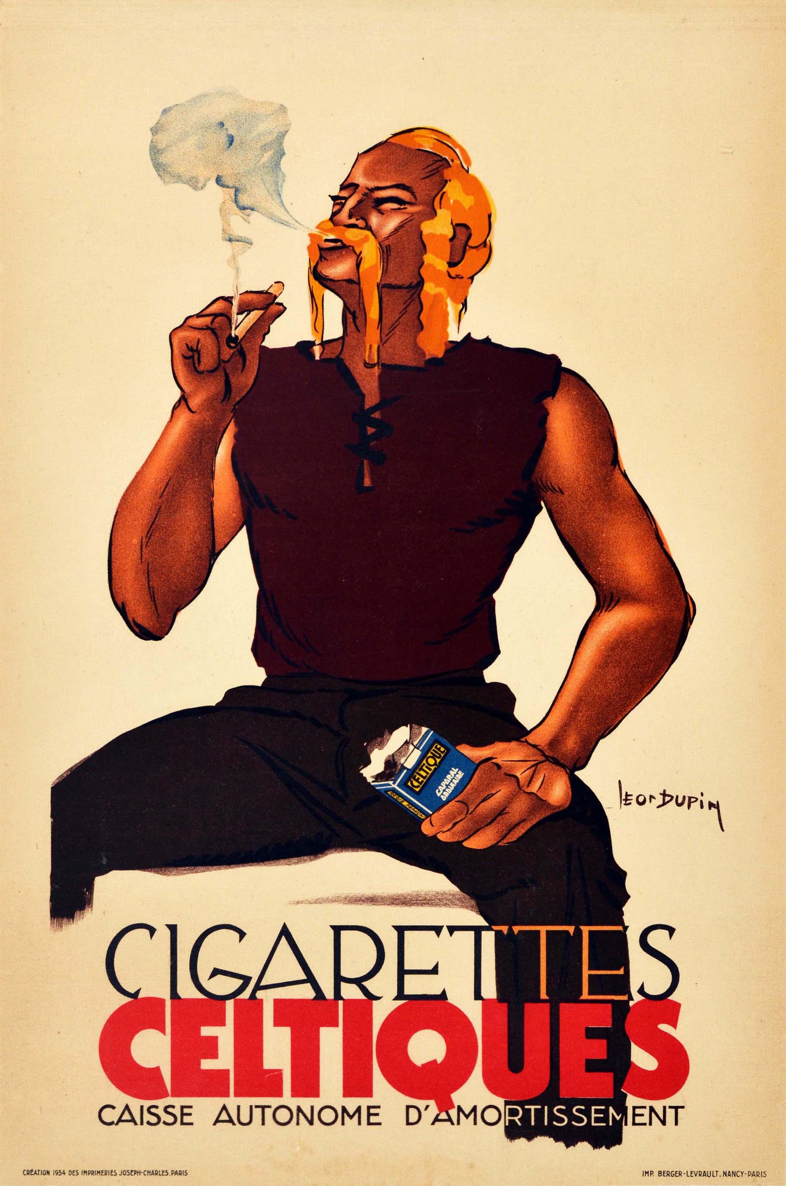 Print Leon Dupin - Affiche vintage d'origine, Cigarettes Celtiques, Tobacco Smoking Man, Œuvre d'art