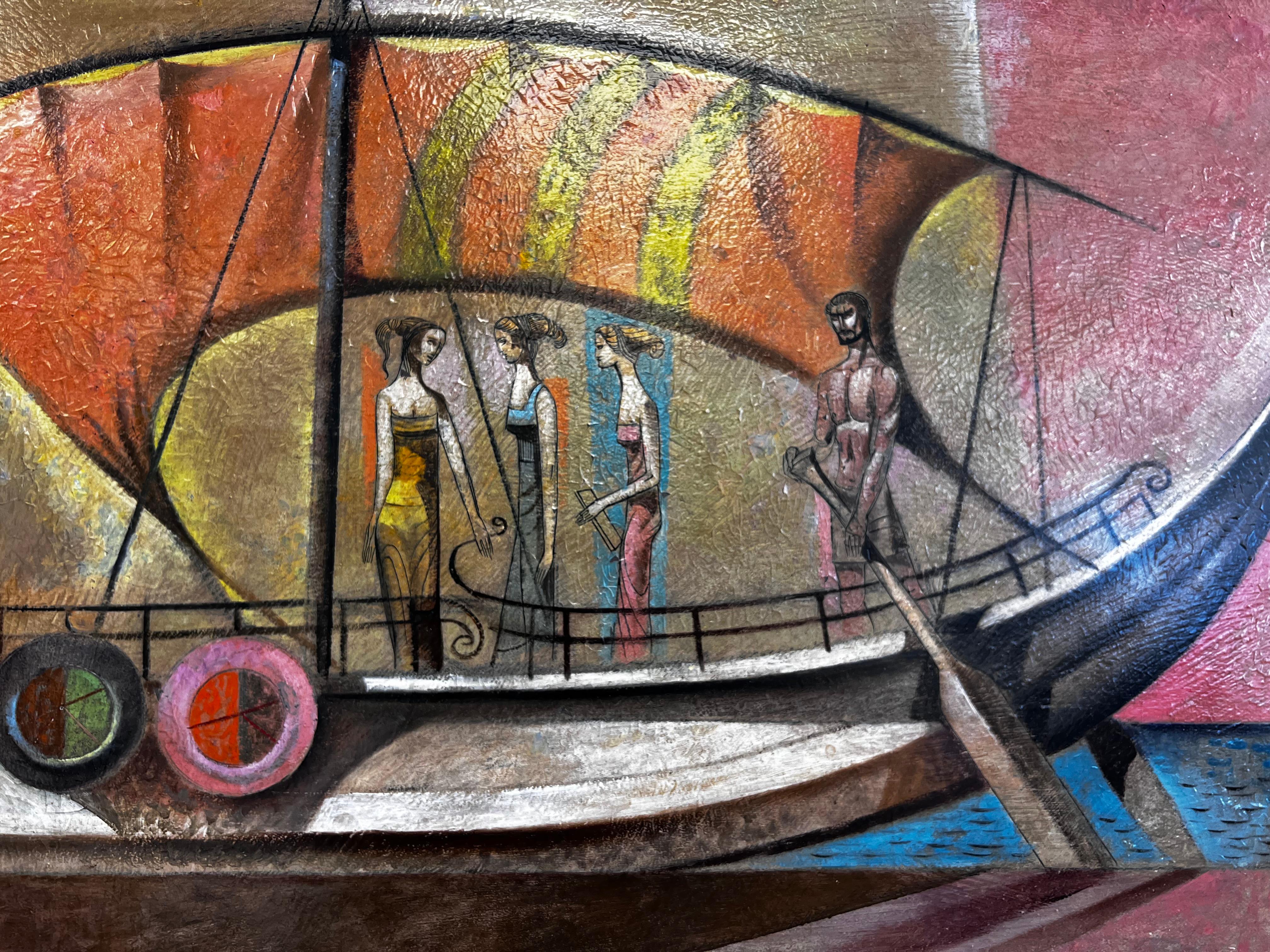 1950 Originale olio su tavola dell'artista americano quotato Leon D'Usseau 1918-1991

Leon D'Usseau  
Nato a Los Angeles, CA. 21 marzo 1918. Figlio di un direttore artistico della Paramount Pictures. La sua pittura è stata influenzata dalla