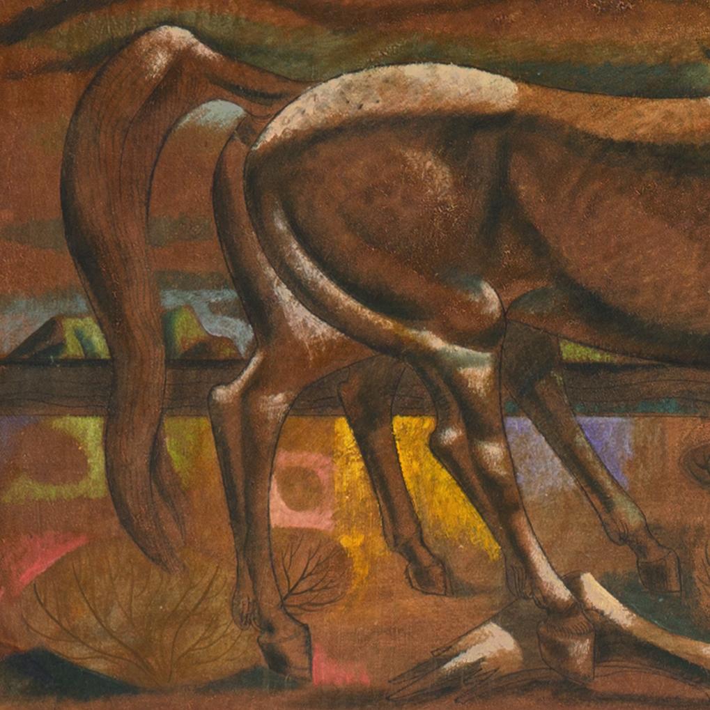 Signed lower right, 'Dusso' for Leon D'Usseau, Jr. (American, 1918-1991) and painted circa 1965.

A substantial, Modernist oil showing a mare and foal frolicking in a deep chestnut landscape interspersed with foliage and areas of bright color.

Born