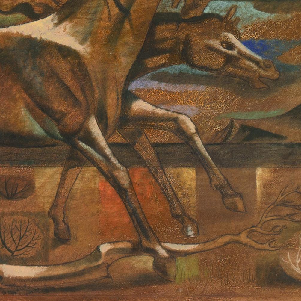 Signed lower right, 'Dusso' for Leon D'Usseau, Jr. (American, 1918-1991) and painted circa 1965.

A substantial, Modernist oil showing a mare and foal frolicking in a deep chestnut landscape interspersed with foliage and areas of bright color.

Born