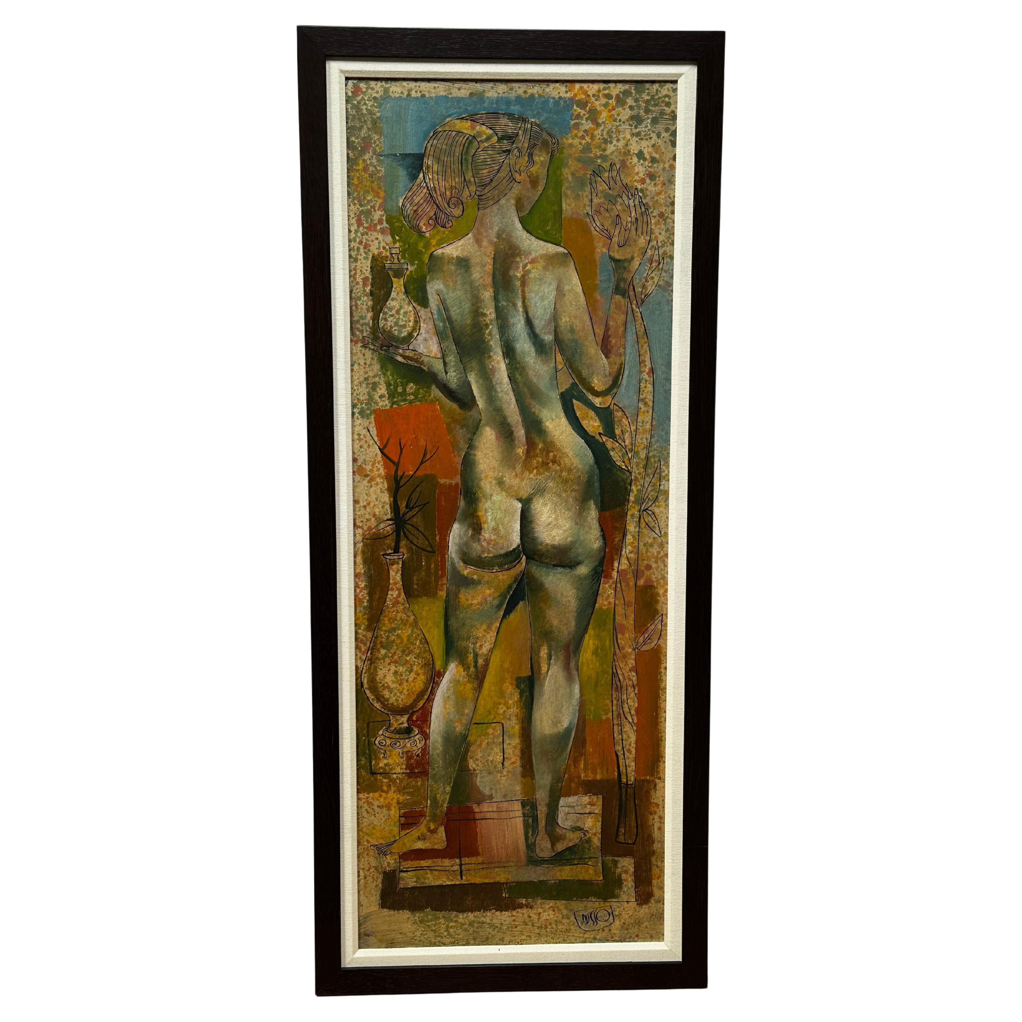 This delicate oil and ink painting on panel by Dusso depicts a beautiful and graceful woman seen from behind, her nude figure enhanced by the framing of her hair. She holds a vase in one hand while delicately touching a flower in the other,