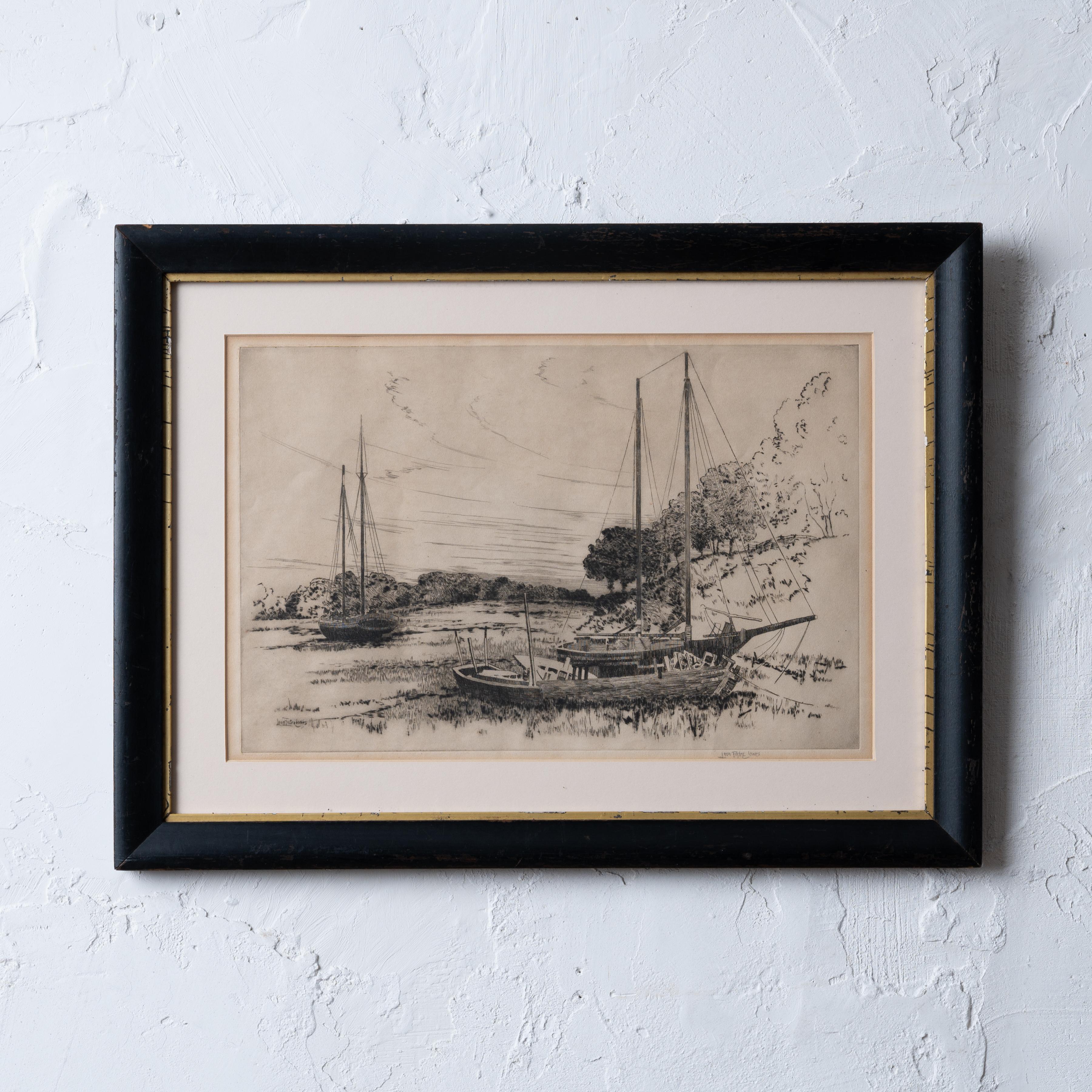 Leon Foster Jones
(estadounidense, 1871-1940)

Grabado que representa barcos en dique seco a lo largo de la costa de Nueva York, hacia 1925.

vista: 13 ¼ por 8 ¾ pulgadas
marco: 18 por 13 ½ pulgadas

