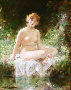 La Baigneuse - 19th Century Oil, Nude Figure by River Landscape by Leon Comerre