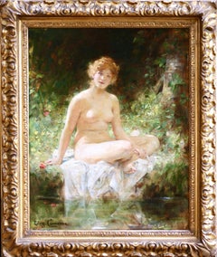 La Baigneuse - 19th Century Oil, Nude Figure by River Landscape by Leon Comerre