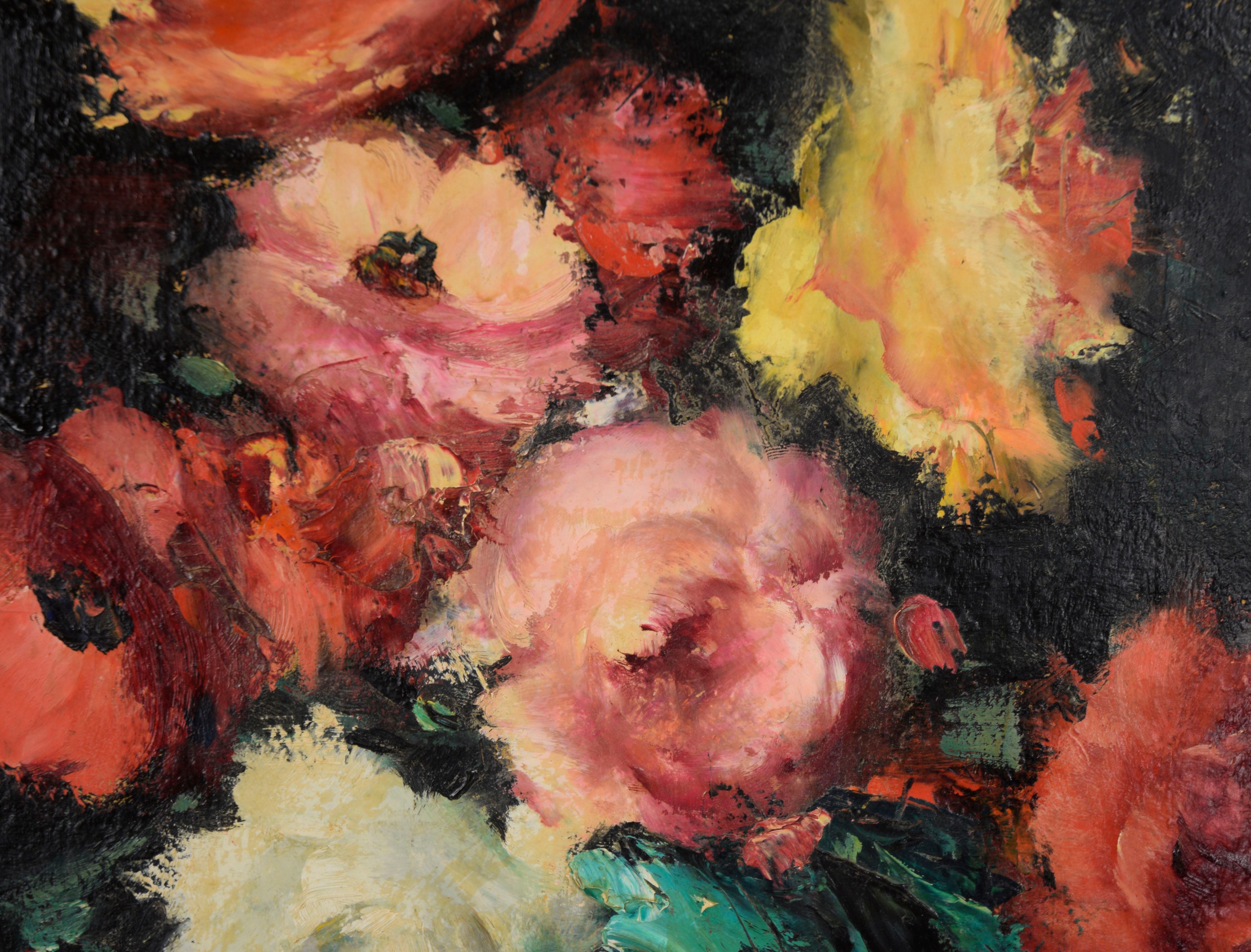 Jarrón De Rosas Bodegón - Impresionista original sobre tabla - Painting de Leon Franks