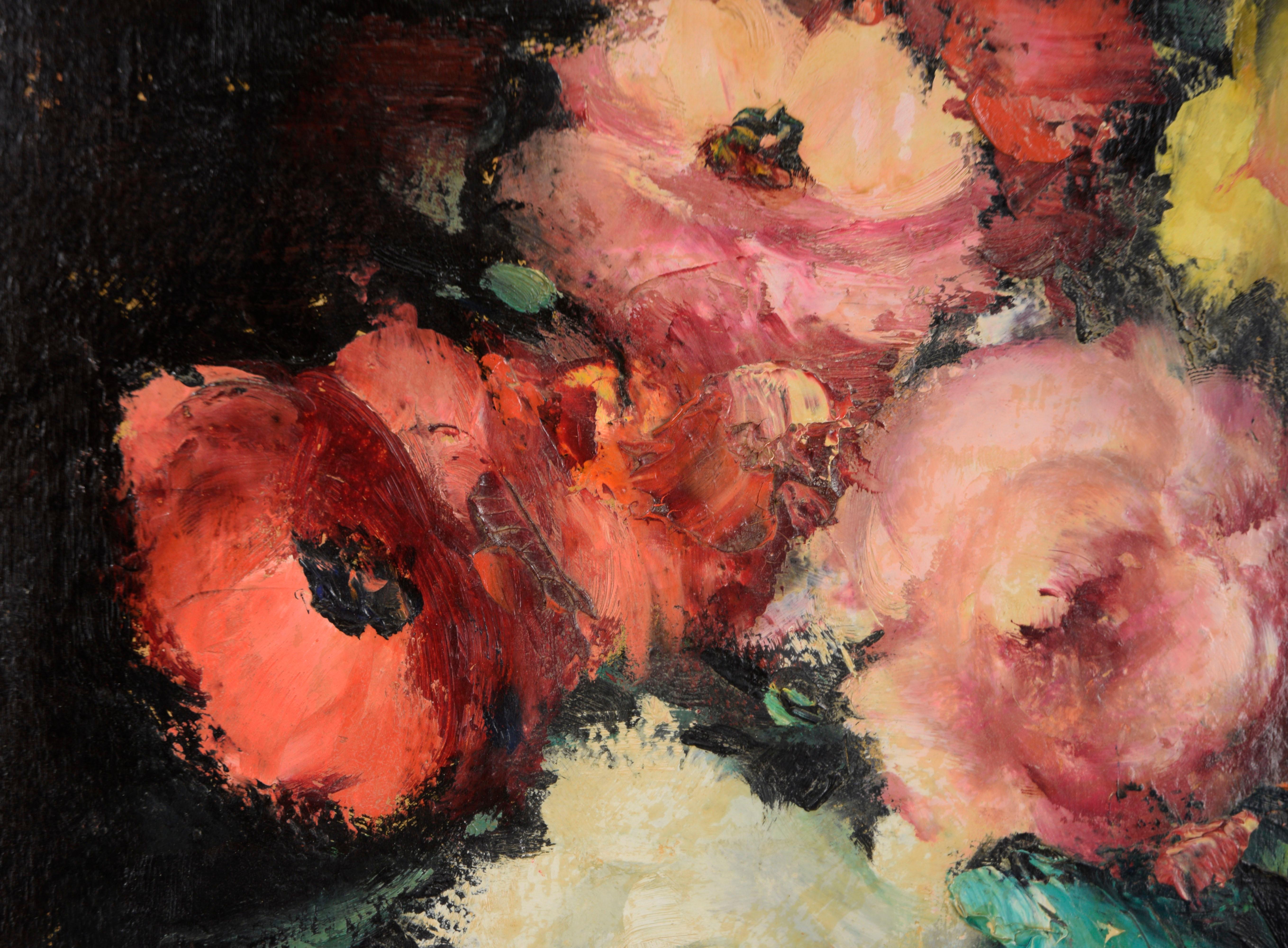 Jarrón De Rosas Bodegón - Impresionista original sobre tabla - Interior Painting Negro de Leon Franks