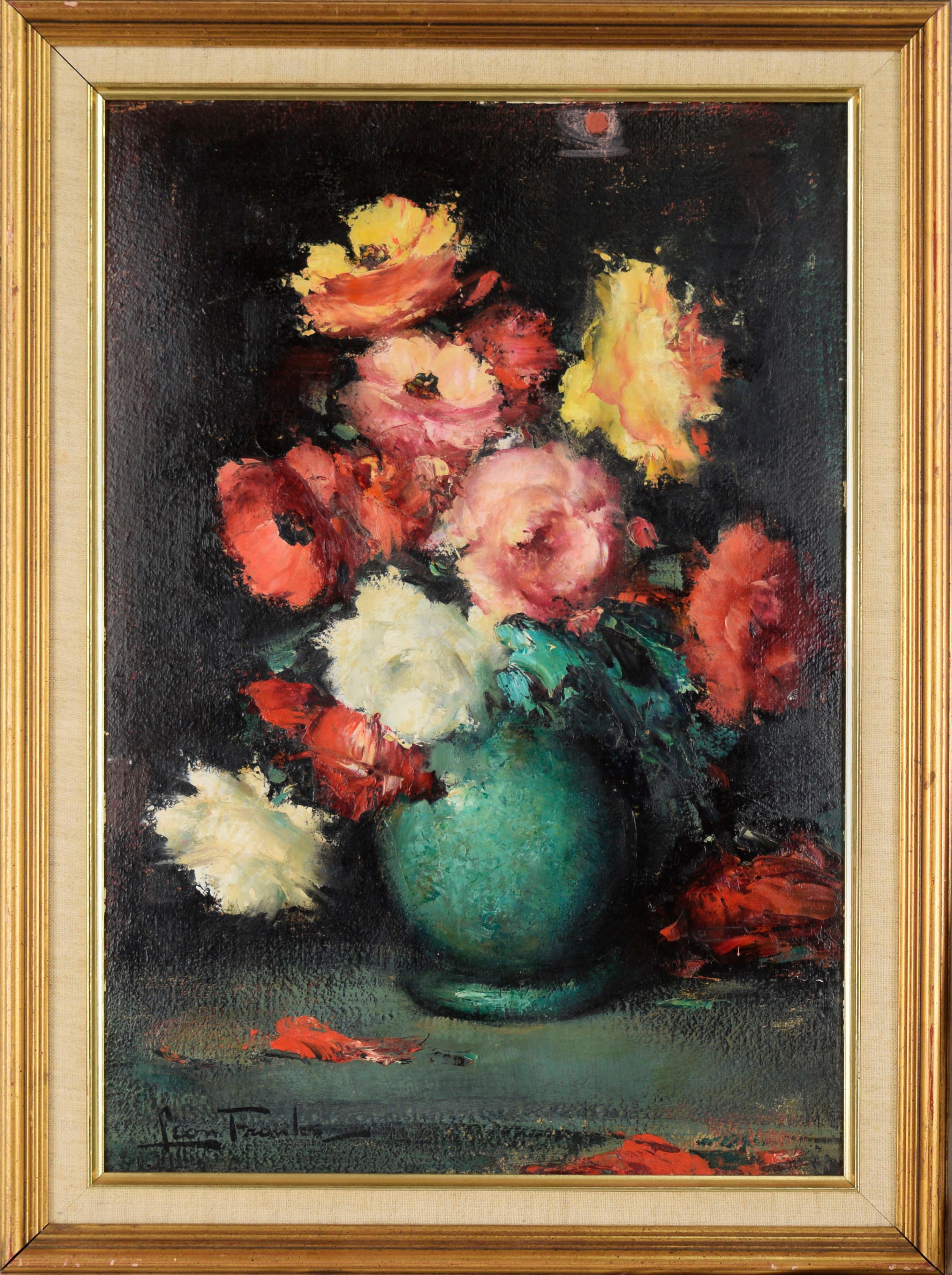 Vaso di rose - Natura morta - Originale impressionista su tavola