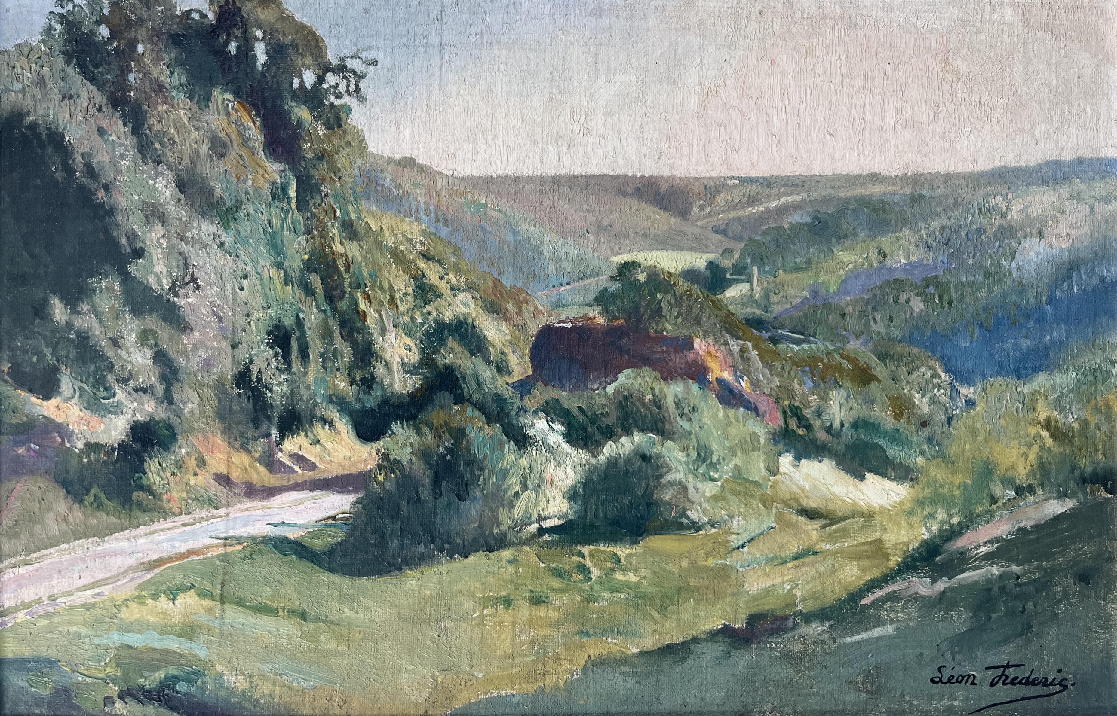 Léon Frédéric (1856-1940) 
A Summer landscape
signed at the lower left
Oil on canvas transfered on panel
29 x 44  cm
Framed  :  39 x 54.5 cm 
in good condition, However, there is a crease in the canvas running all the way to the left of the work,