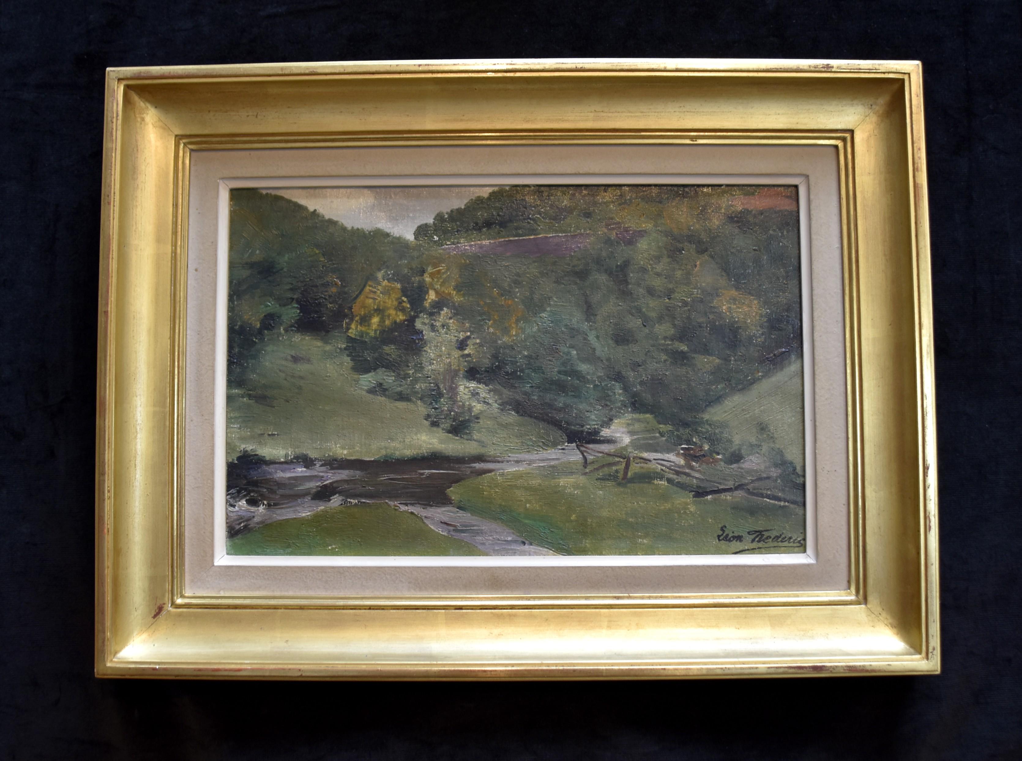 Léon Frédéric (1856-1940) 
Landscape in Nafraiture
Signed with the signature stamp of his estate on the lower right
Oil on canvas
21 x 32 cm
Certificate of Georges Frederic, son of the artist, on the reverse of the canvas 
Original Frame  : 33 x 45