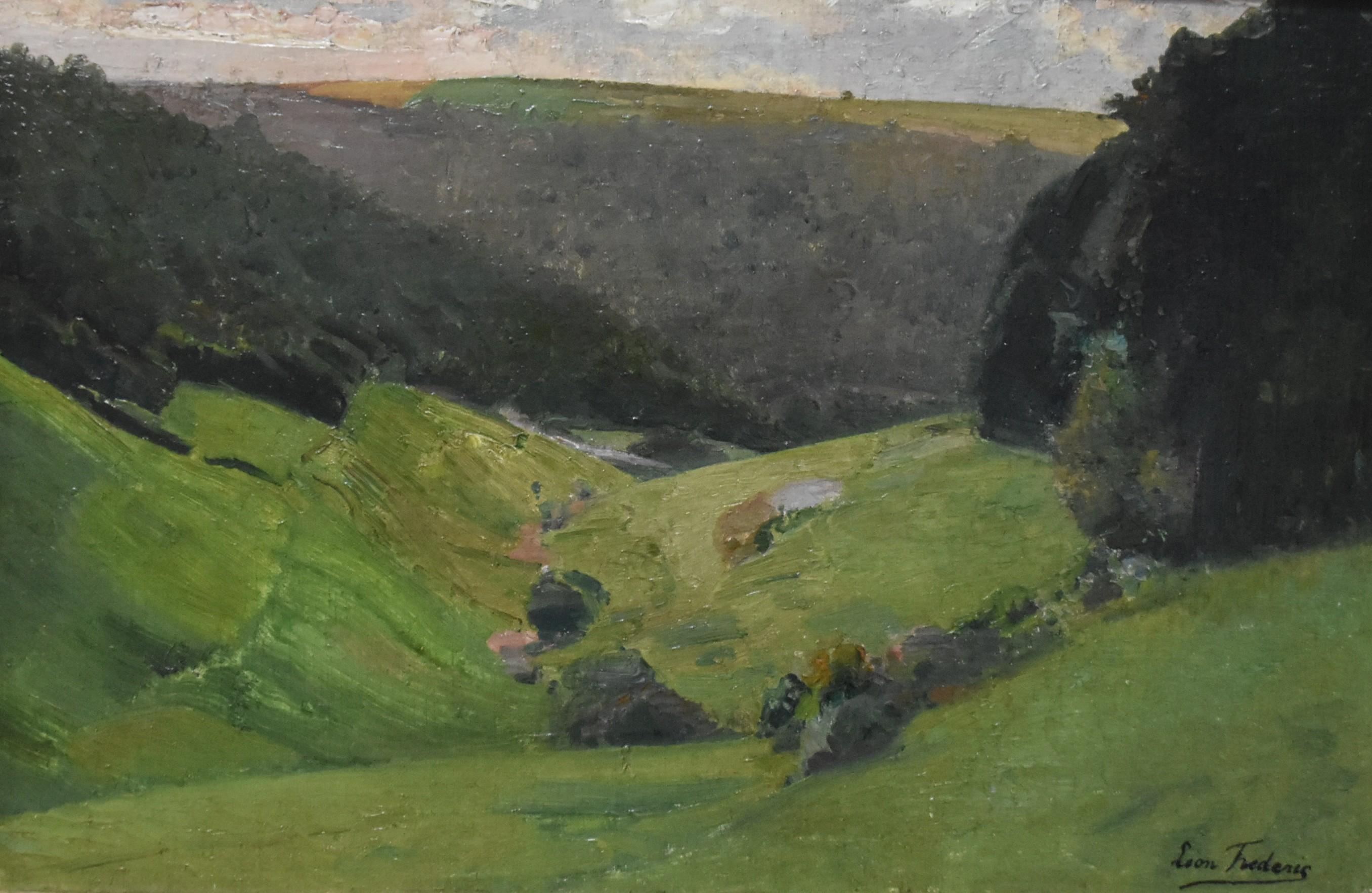 Léon Frédéric (1856-1940) 
View of the Valley Nafraiture
signed with the estate stamp at the lower left
Oil on canvas transfered on panel
28 x 42.5  cm
Framed  :  35 x 50 cm 

Provenance :
Private colection, Belgium

This landscape is particularly