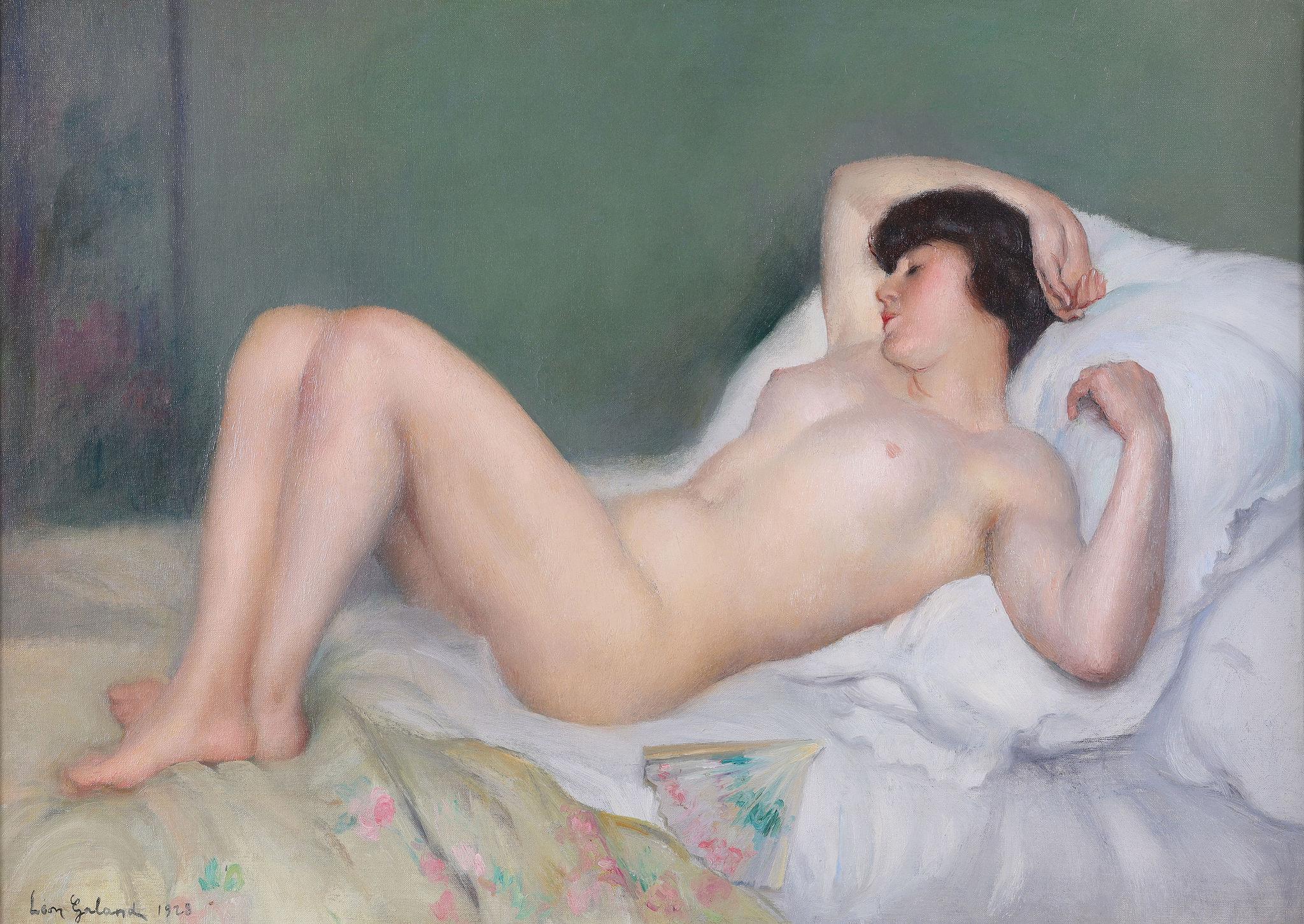 A Naked Beauty Lying with her Fan - Painting by Leon Galand