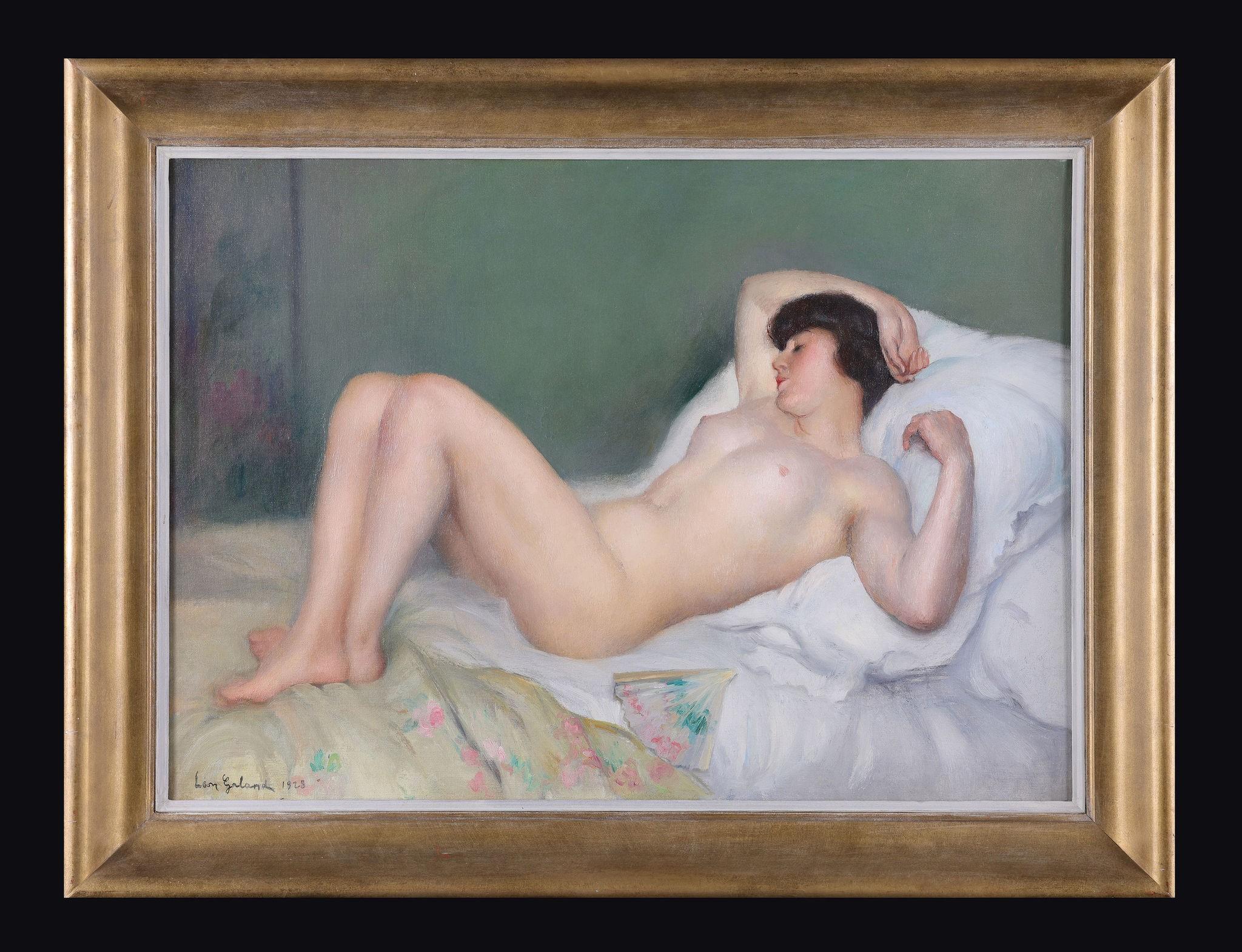 Leon Galand Nude Painting - A Naked Beauty Lying with her Fan