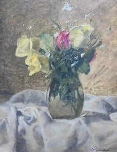 Fine French Still Life Oil Painting Bouquet of Roses in Vase signed original