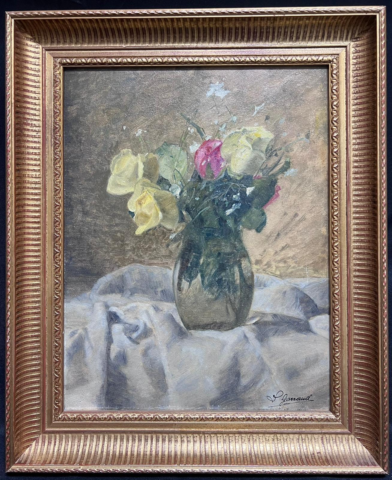 Leon Garraud Interior Painting - Fine French Still Life Oil Painting Bouquet of Roses in Vase signed original 
