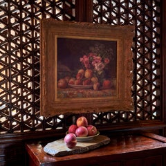 "Bodegón de frutas y flores", Óleo sobre lienzo