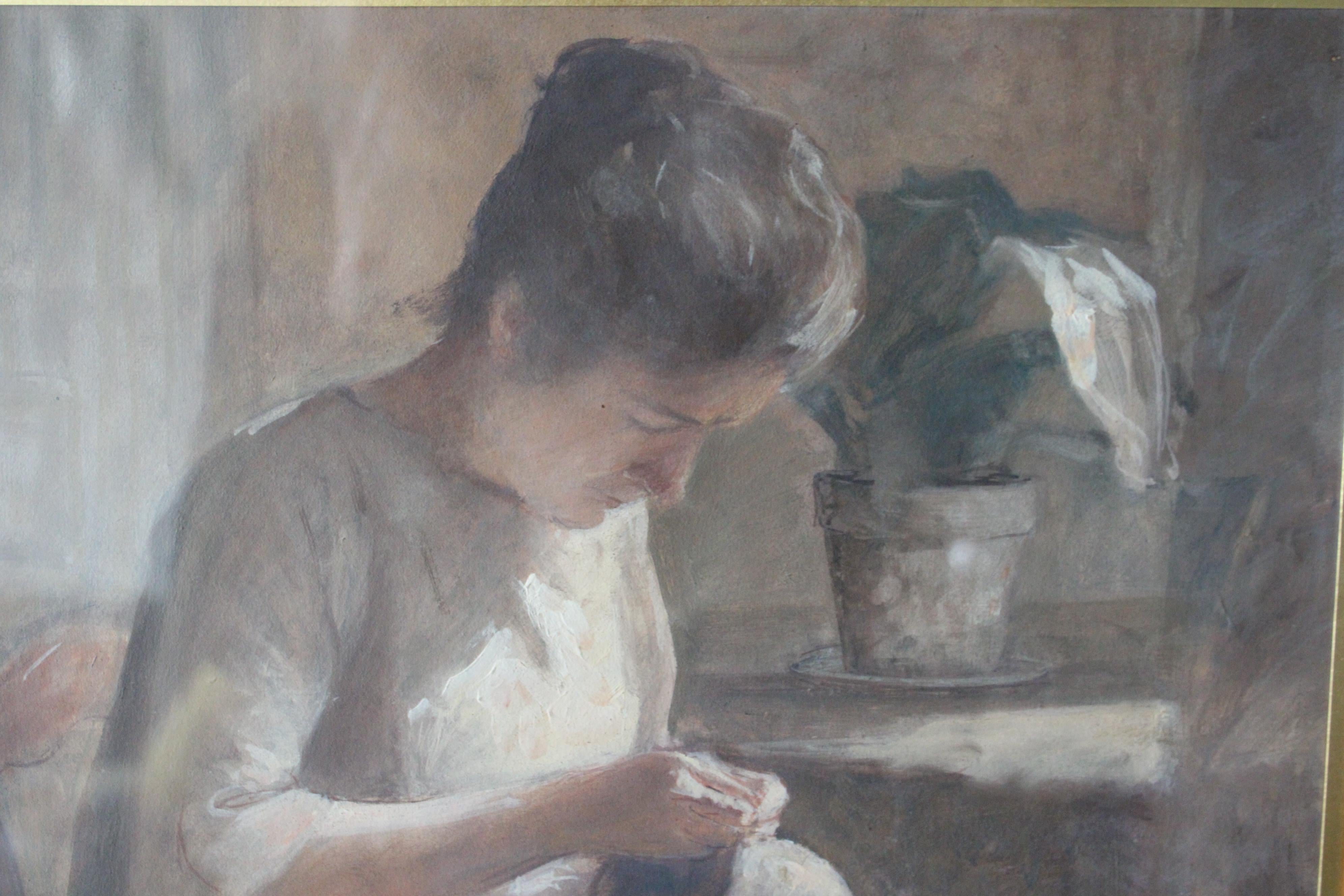 Vintage portrait of a woman sewing by french artist Leon Garraud For Sale 1