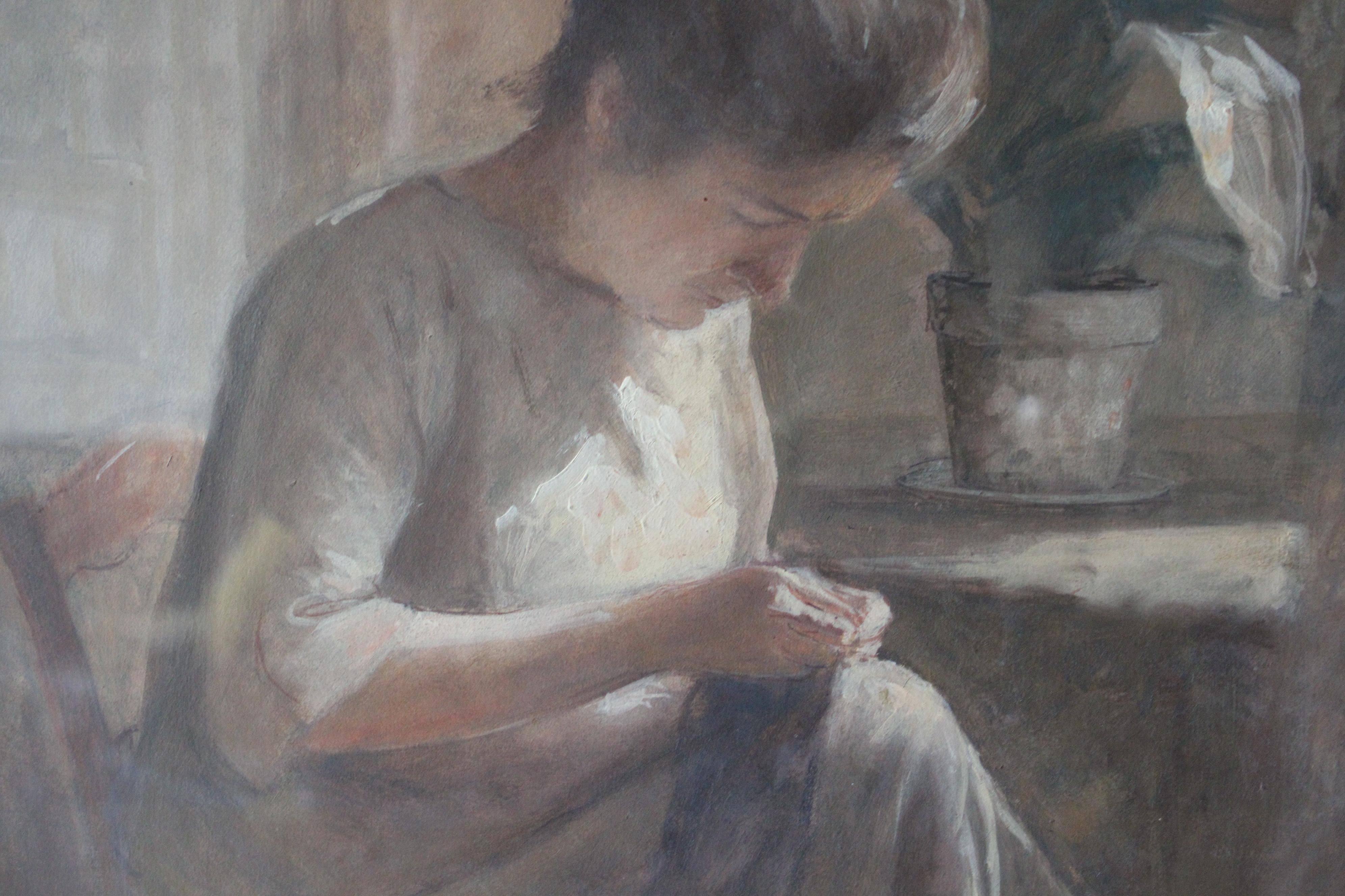 Vintage portrait of a woman sewing by french artist Leon Garraud For Sale 2