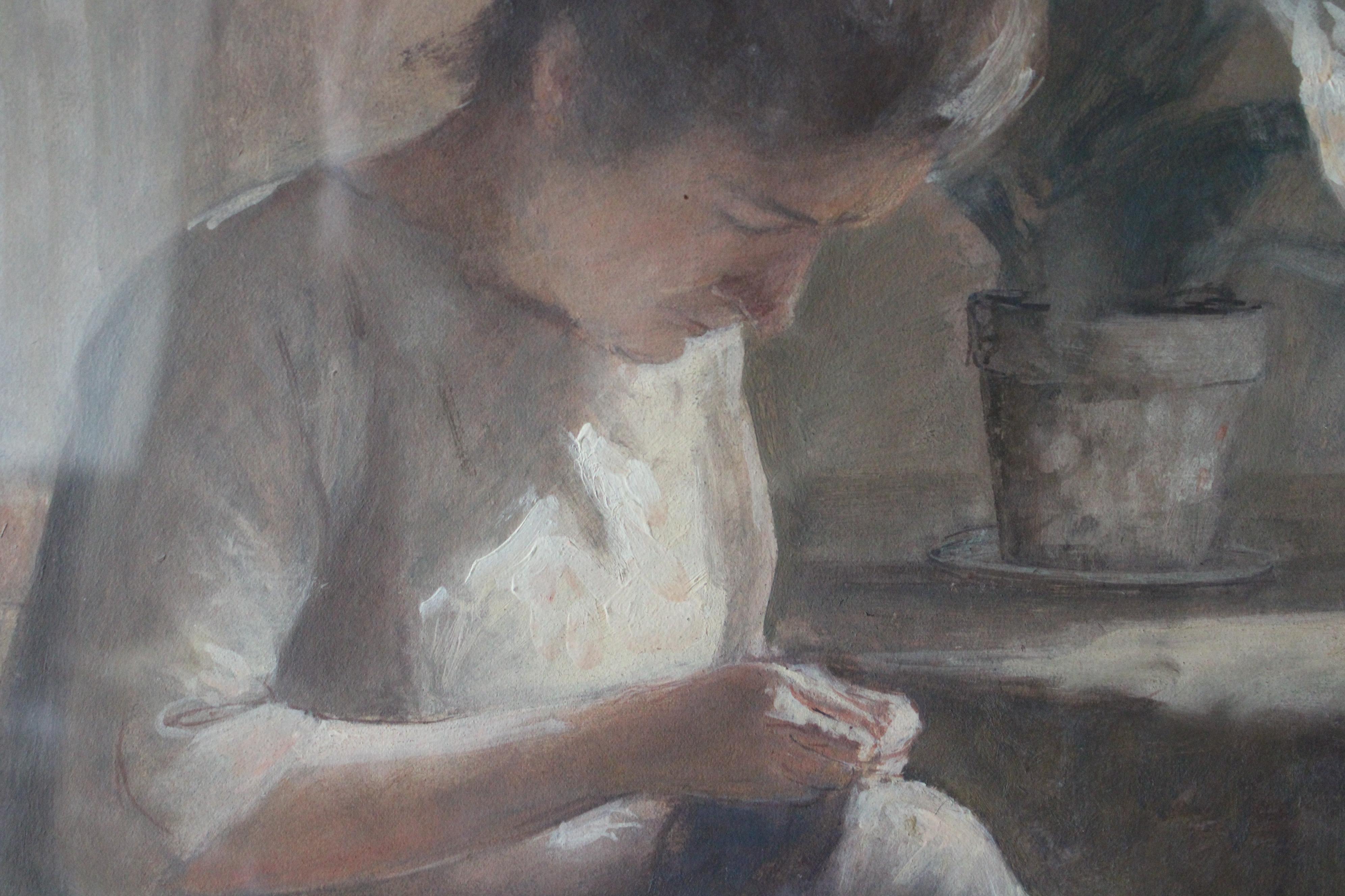 Vintage portrait of a woman sewing by french artist Leon Garraud For Sale 3