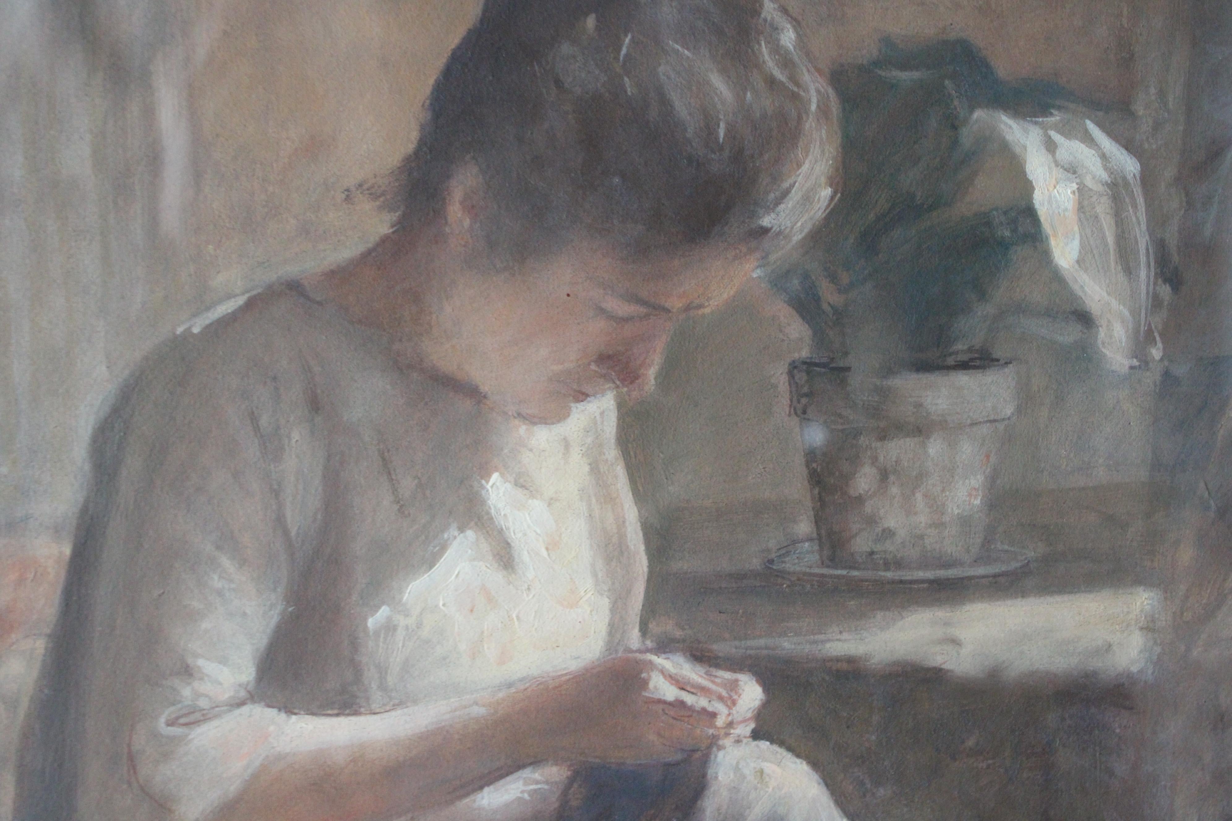 Vintage portrait of a woman sewing by french artist Leon Garraud For Sale 4