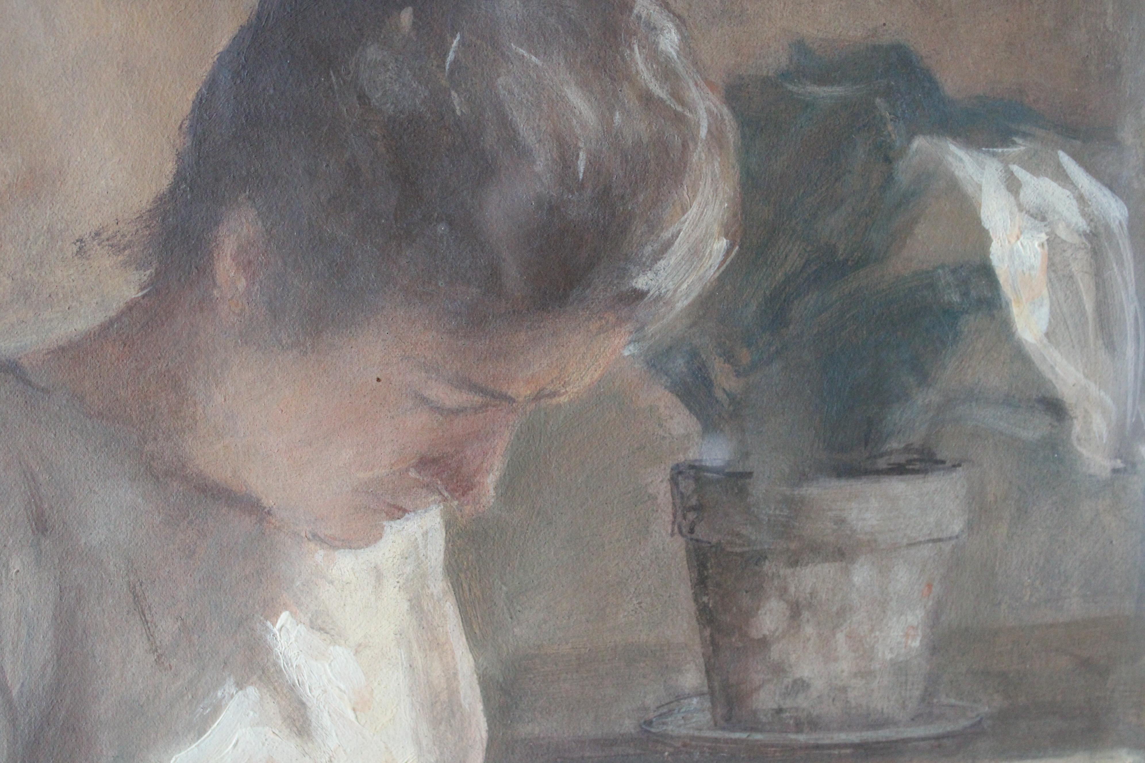 Vintage portrait of a woman sewing by french artist Leon Garraud For Sale 5