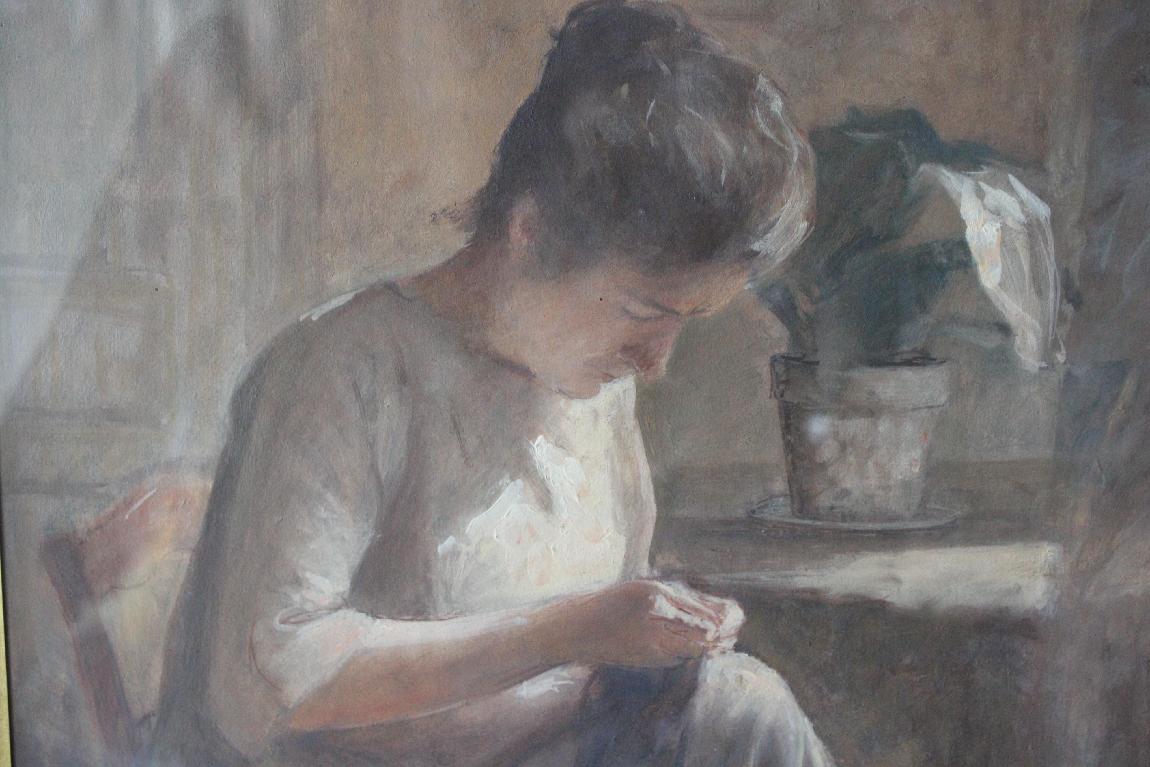 Vintage portrait of a woman sewing by french artist Leon Garraud For Sale 6