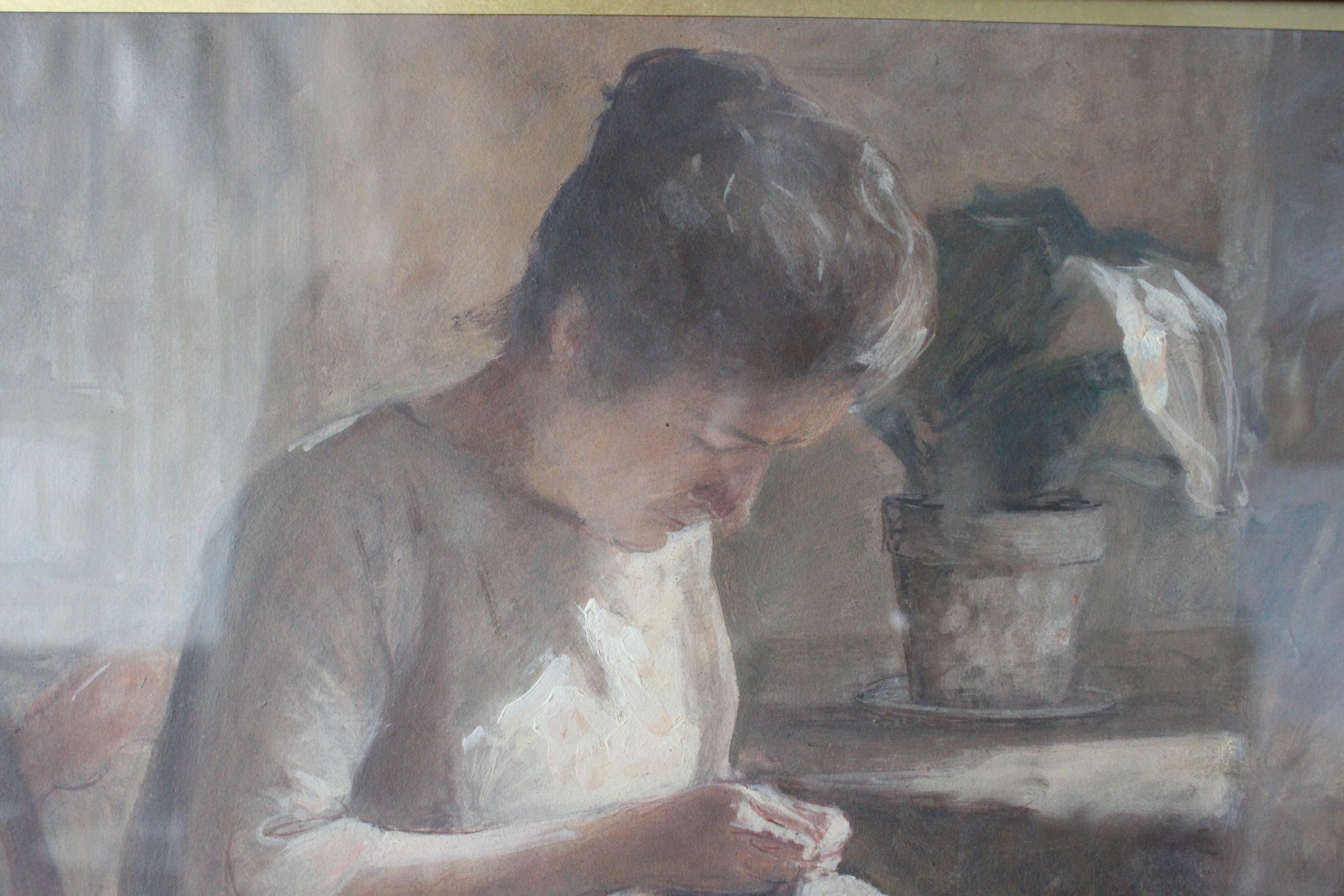 Vintage portrait of a woman sewing by french artist Leon Garraud For Sale 7