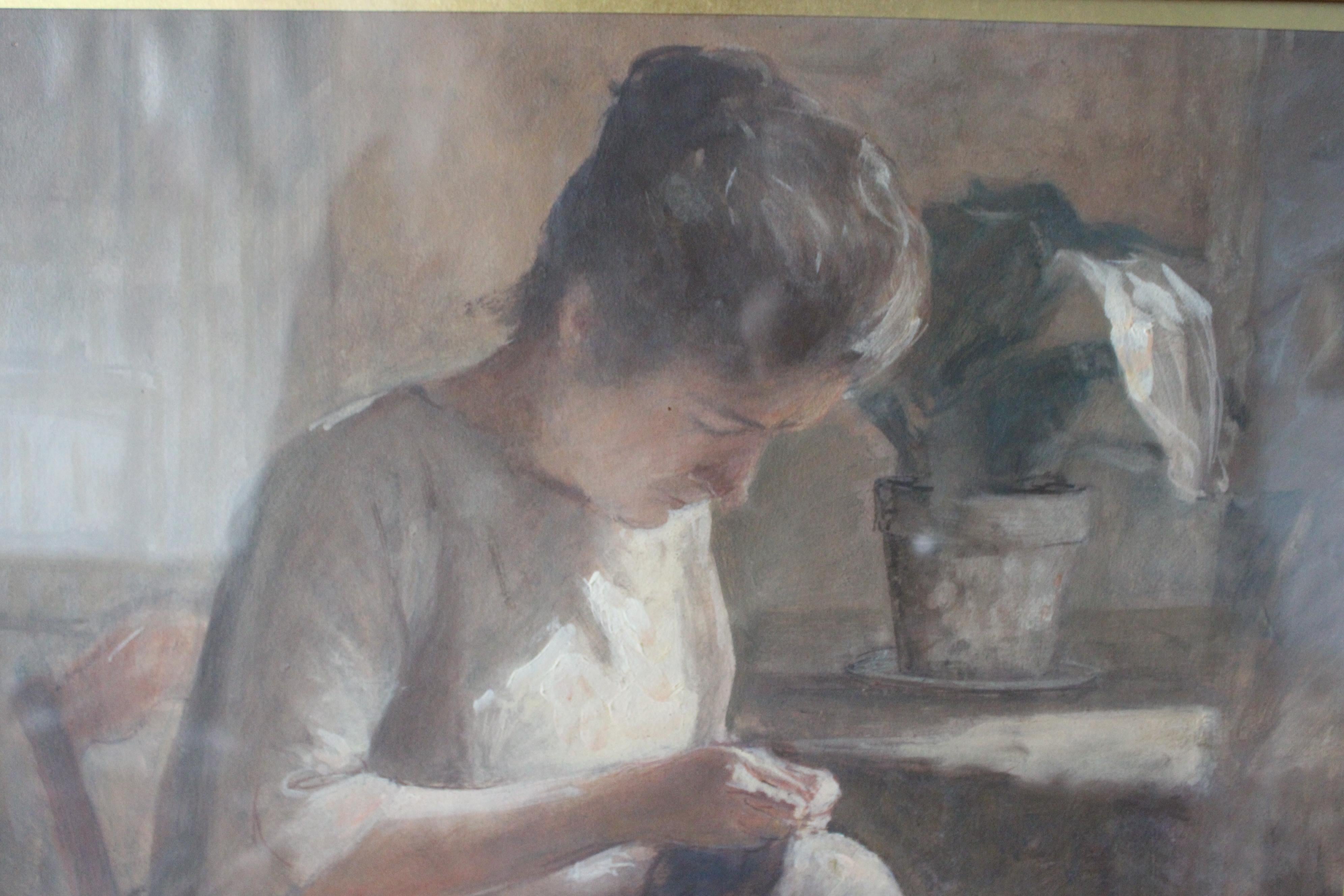 Vintage portrait of a woman sewing by french artist Leon Garraud For Sale 8