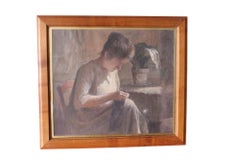 Ritratto d'epoca di una donna che cuce dell'artista francese Leon Garraud