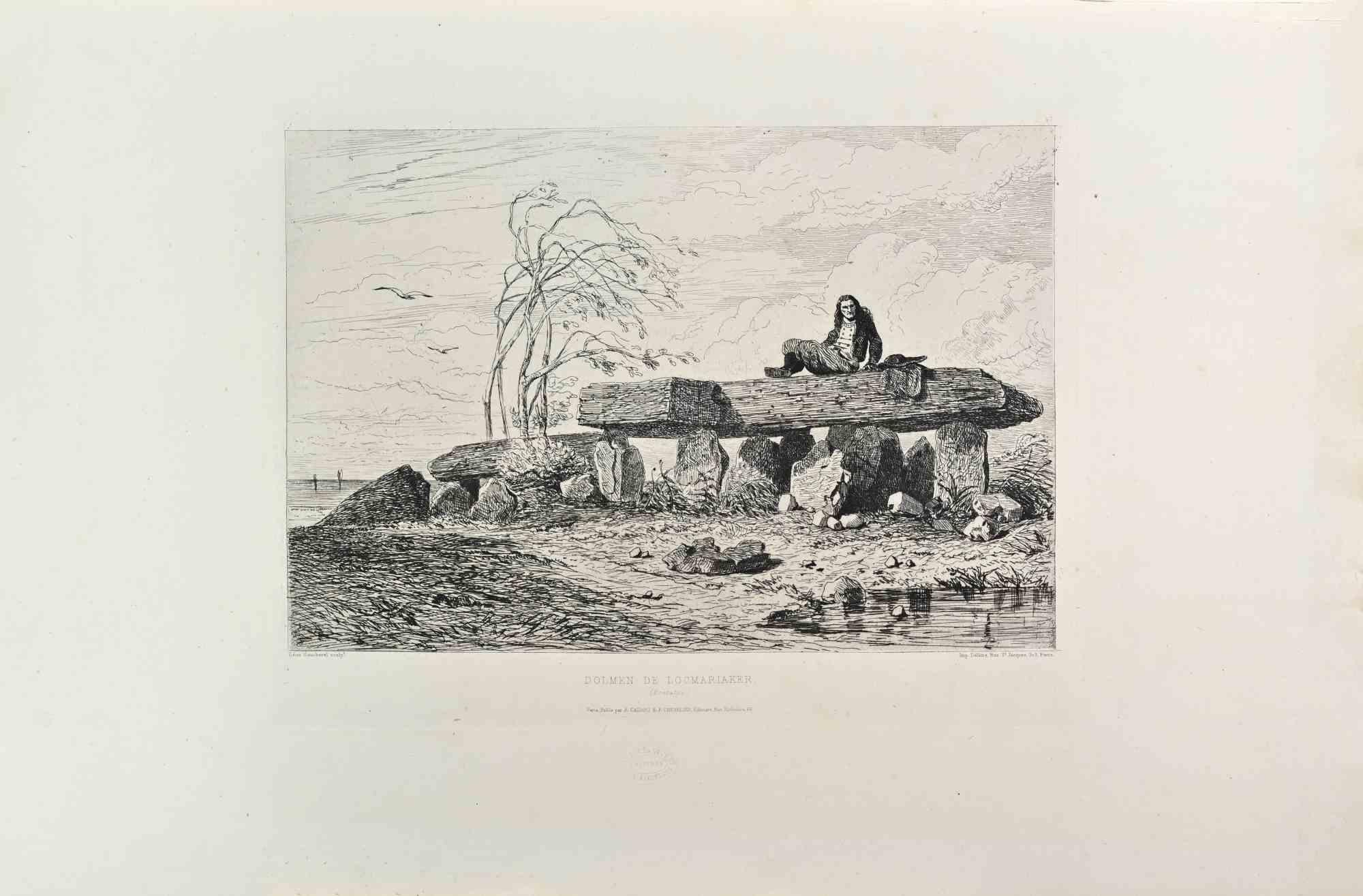 Léon Gaucherel Figurative Print - Dolmen de Locmariaker - Etching by Leon Gaucherel - 1860s
