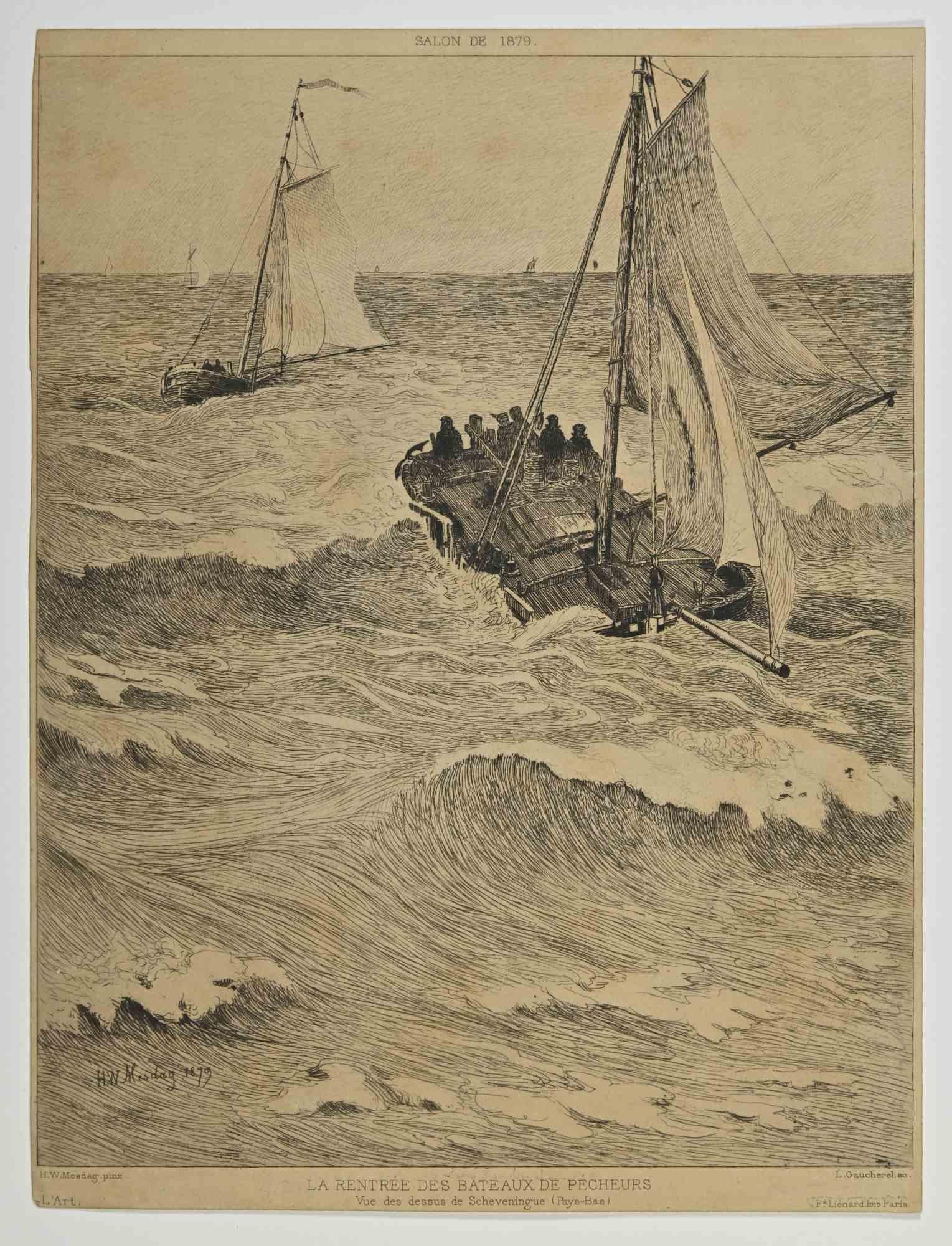 Léon Gaucherel Landscape Print - La Rentrée des Bateaux des Pêcheurs - Etching by Lèon Gaucherel - 19th Century